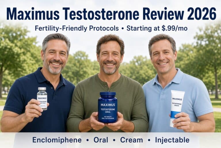 Maximus Testosterone Review 2026 – Fertility-friendly protocols starting at $99 per month, featuring three men holding Injectable, Oral, and Cream testosterone products