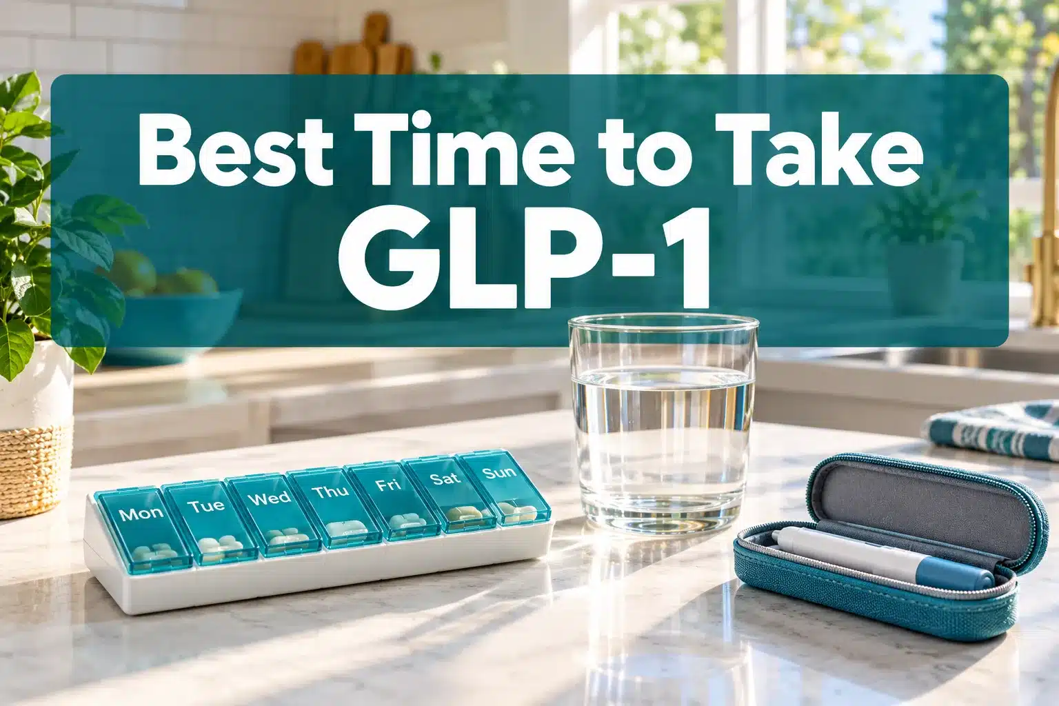 Professional () hero image with 'Best Time to Take GLP-1' in crisp white on a deep teal semi-transparent panel, centered