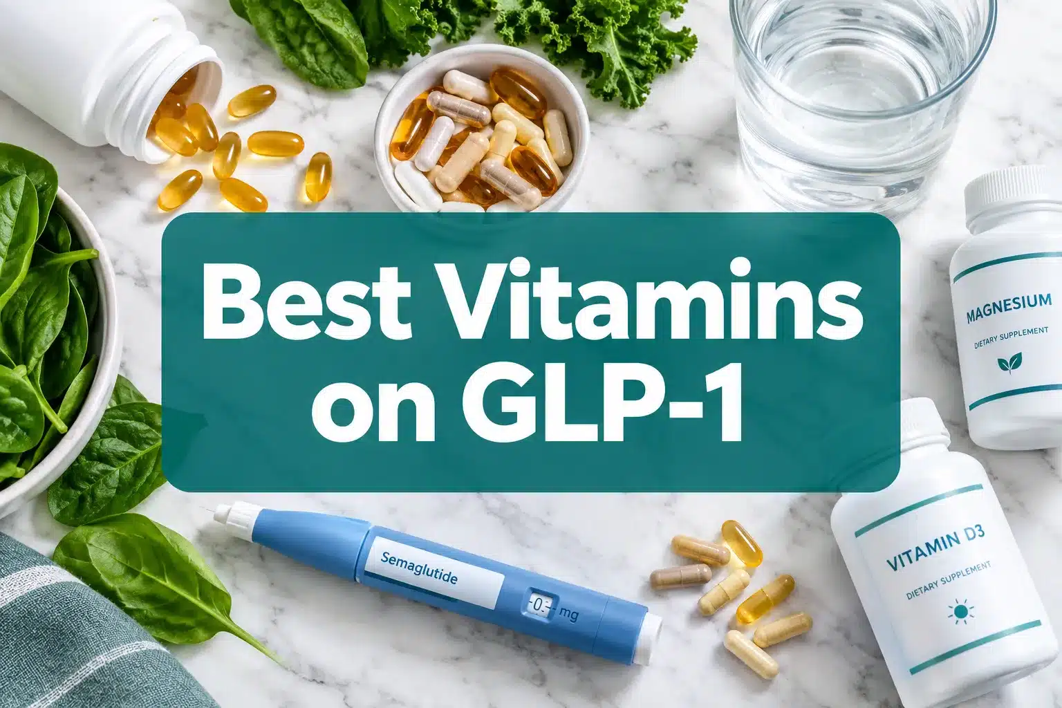 best vitamins to take while on glp 1 1 Professional () hero image with 'Best Vitamins on GLP-1' in crisp white on a deep teal semi-transparent panel, centered with