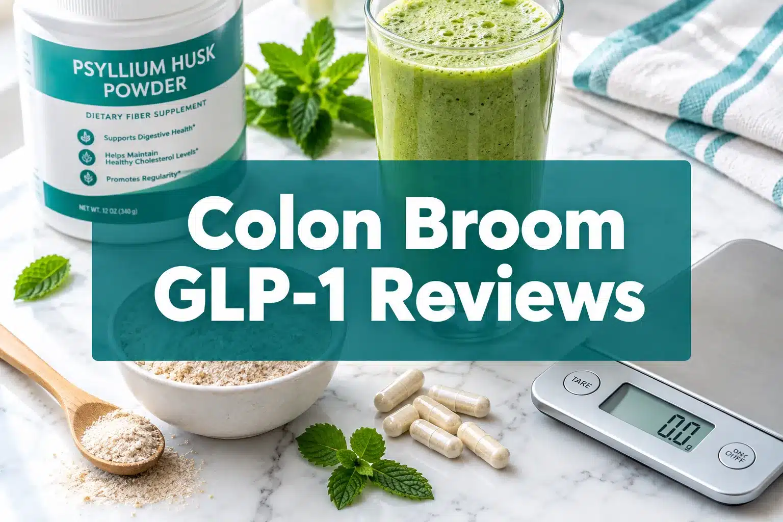 Professional () hero image with 'Colon Broom GLP-1 Reviews' in crisp white on a deep teal semi-transparent panel, centered