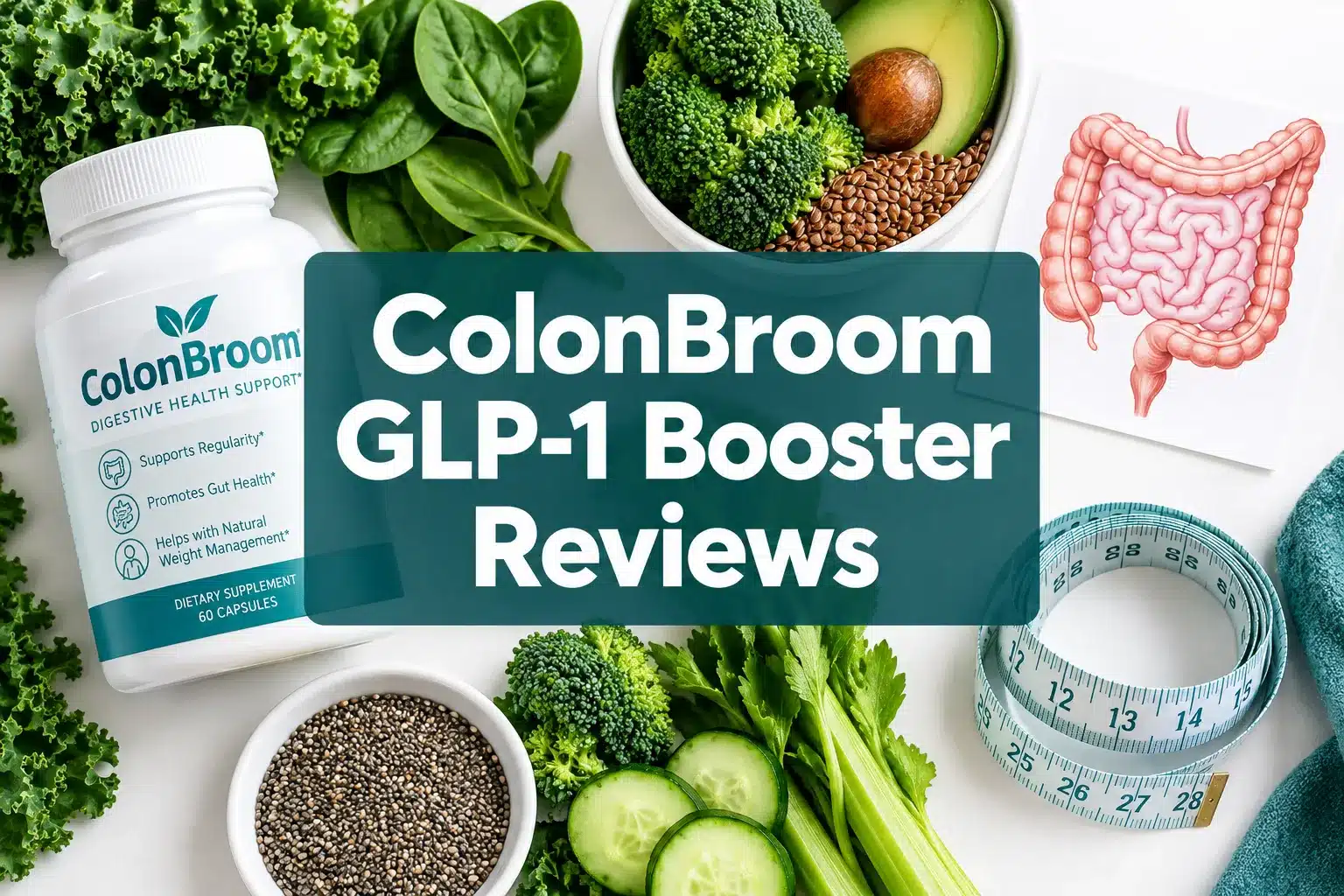 Professional () hero image with 'ColonBroom GLP-1 Booster Reviews' in crisp white centered on a semi-transparent dark teal