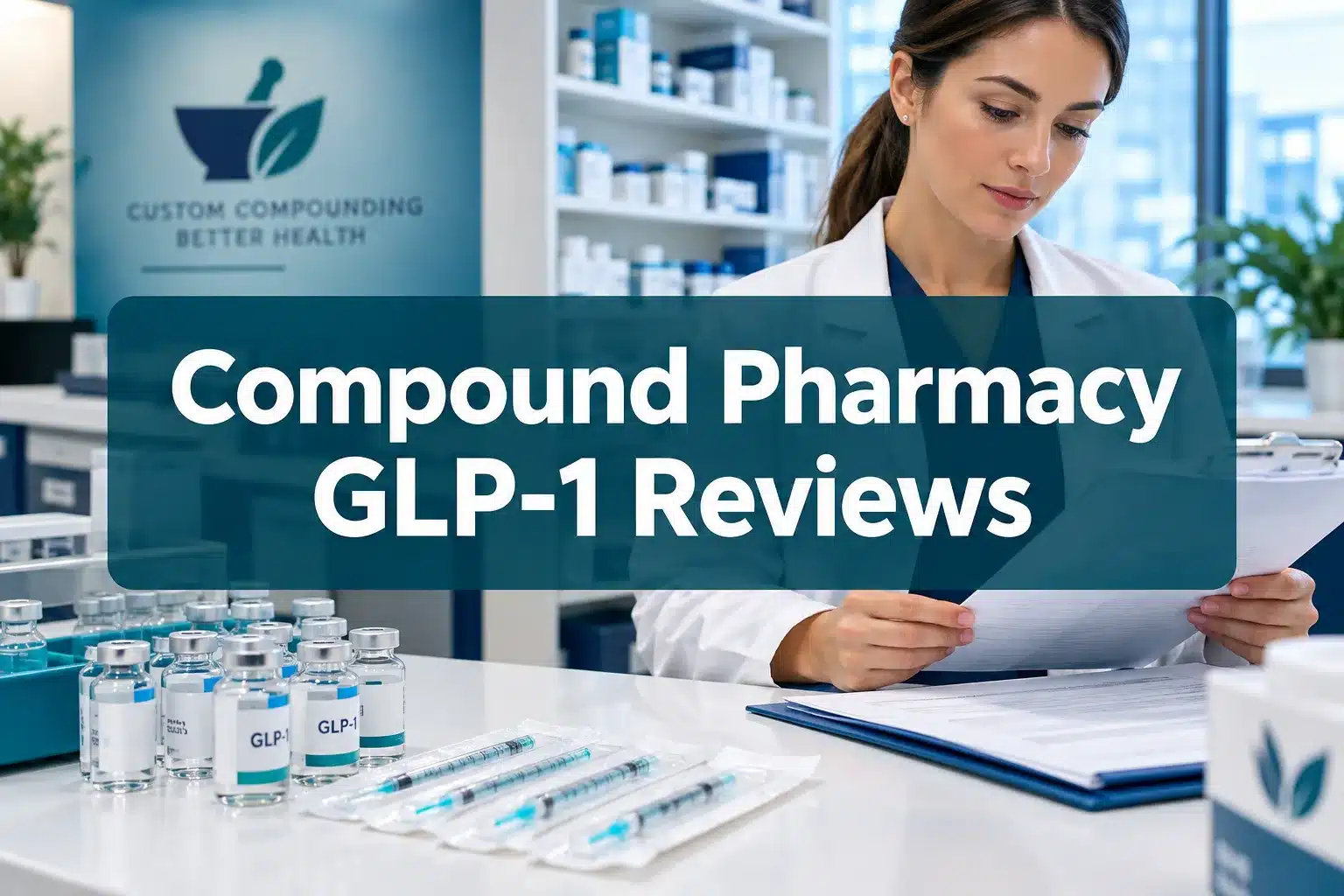compound pharmacy glp 1 reviews 1 Professional () hero image with 'Compound Pharmacy GLP-1 Reviews' in crisp white on a deep teal semi-transparent panel,