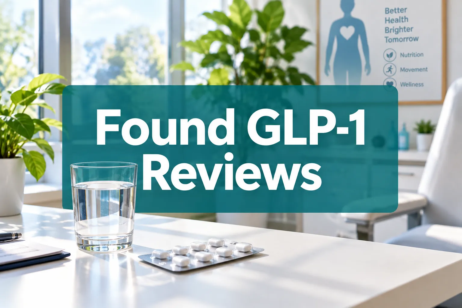 found glp 1 reviews 1 Professional () hero image with 'Found GLP-1 Reviews' in crisp white on a deep teal semi-transparent panel, centered with 8%