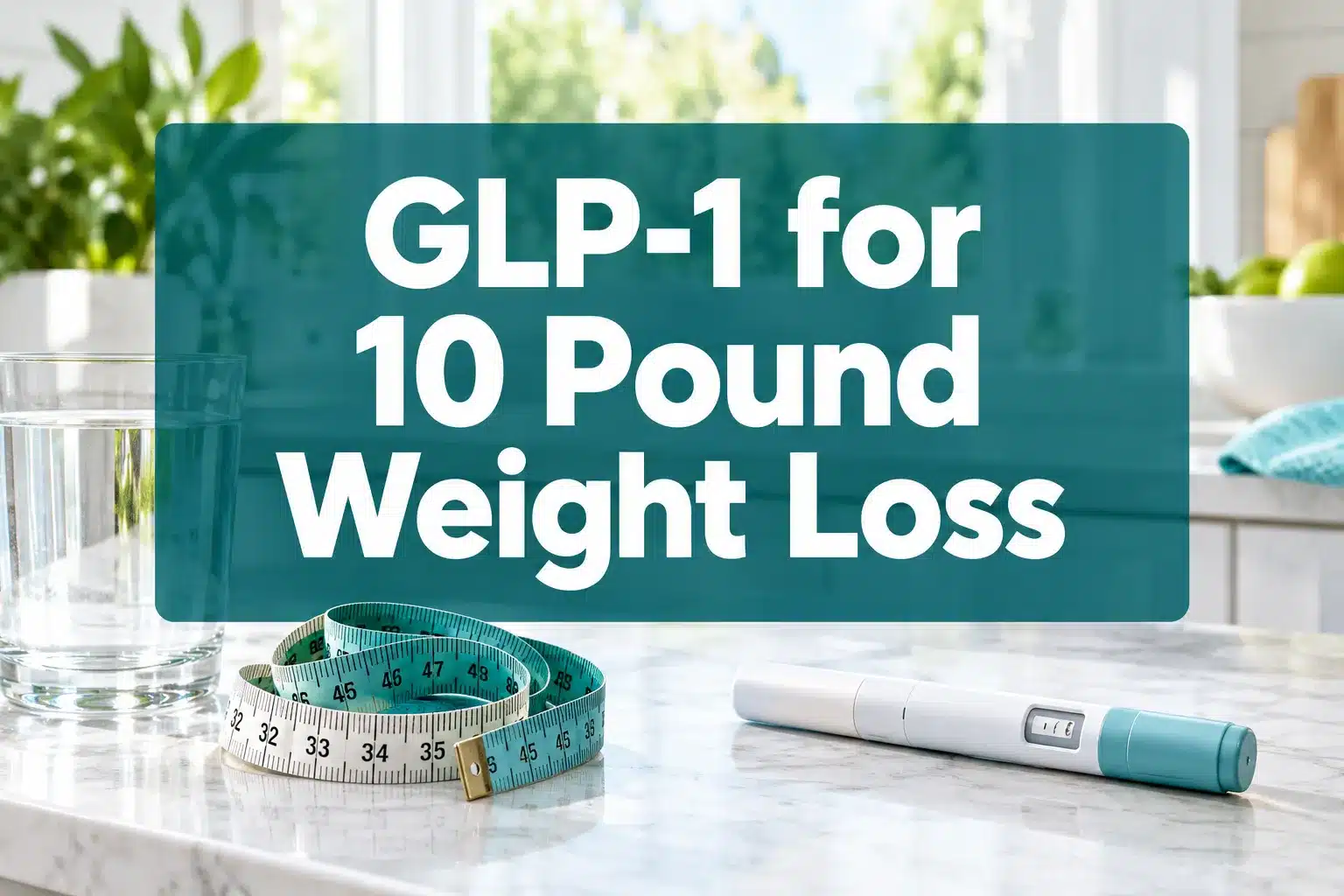 Professional () hero image with 'GLP-1 for 10 Pound Weight Loss' in crisp white on a deep teal semi-transparent panel,