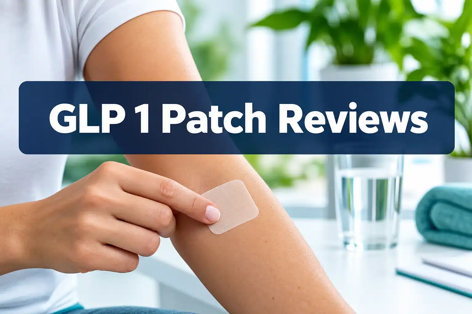 Professional () hero image with 'GLP 1 Patch Reviews' in crisp white on a semi-transparent dark navy panel, centered with 8%