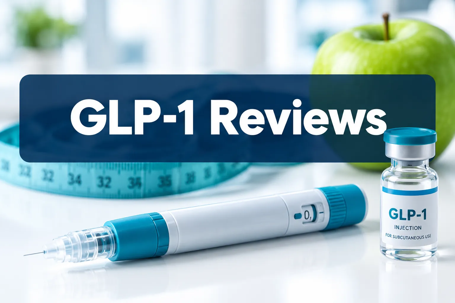 Professional () hero image with 'GLP-1 Reviews' in crisp white on a deep navy semi-transparent panel, centered with 8% safe