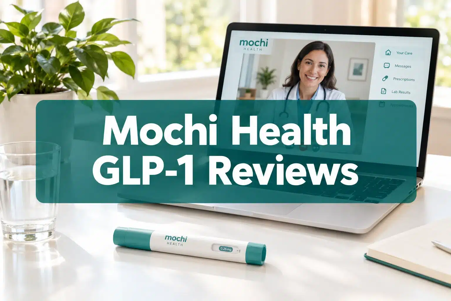 mochi health glp 1 reviews 1 Professional () hero image with 'Mochi Health GLP-1 Reviews' in crisp white on a deep teal semi-transparent panel, centered