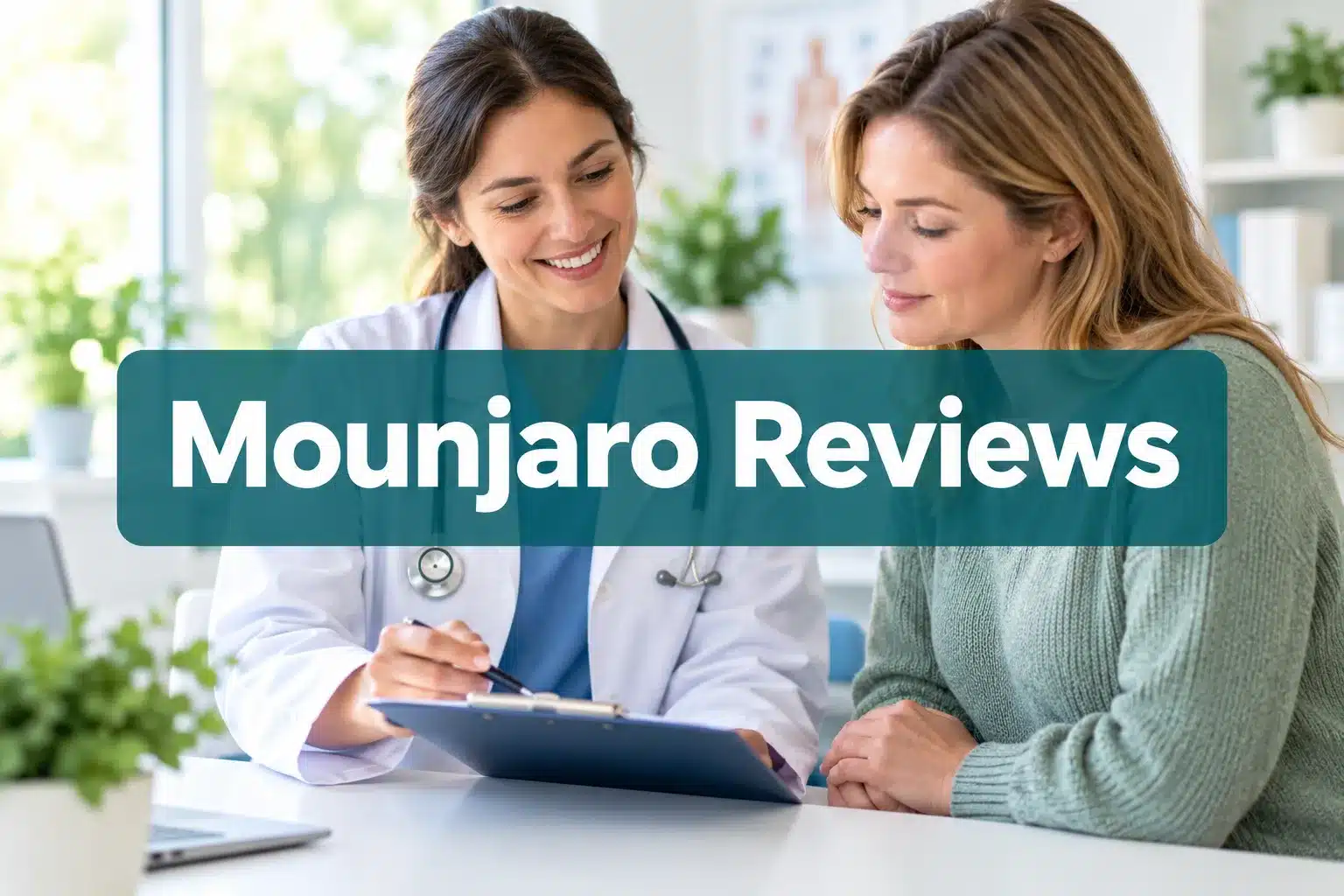 mounjaro reviews 1 Professional () hero image with 'Mounjaro Reviews' in crisp white on a deep teal semi-transparent panel, centered with 8%