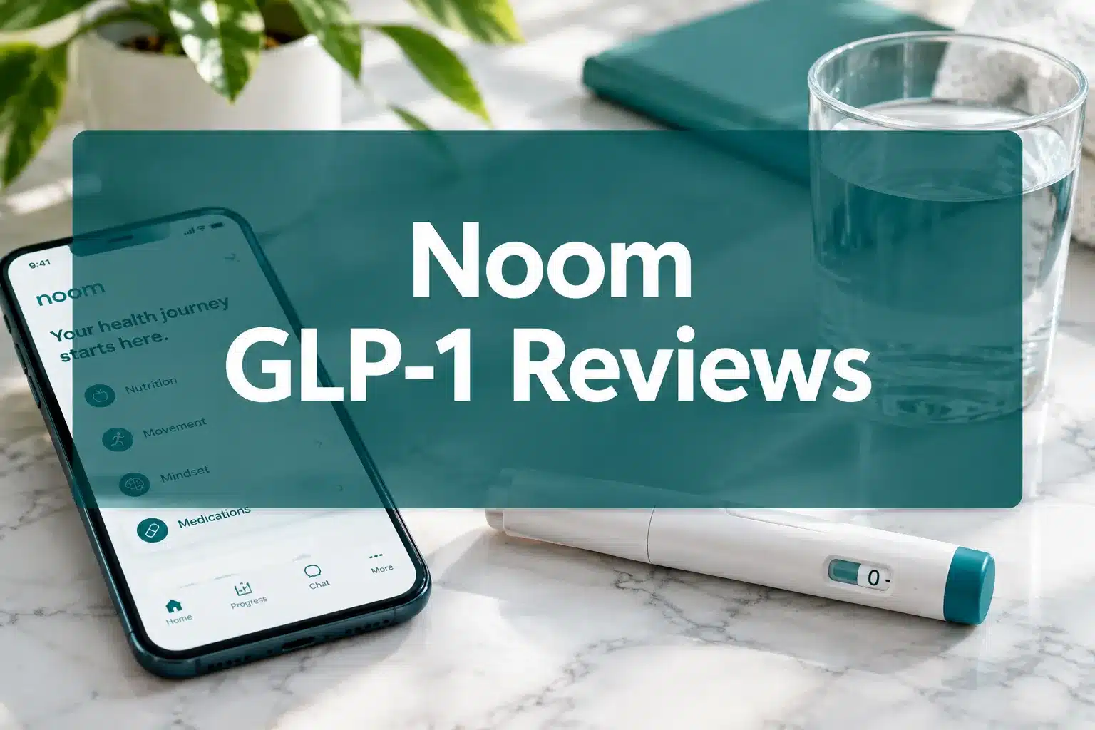 noom glp 1 reviews 1 Professional () hero image with 'Noom GLP-1 Reviews' in crisp white on a deep teal semi-transparent panel, centered with 8%