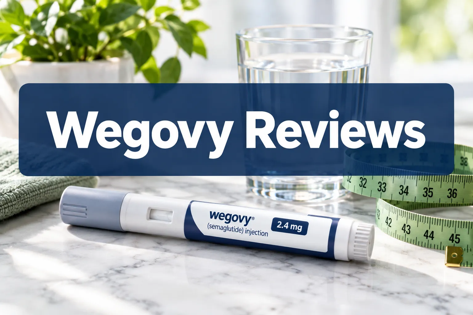 Professional () hero image with 'Wegovy Reviews' in crisp white on a deep navy semi-transparent panel, centered with 8% safe
