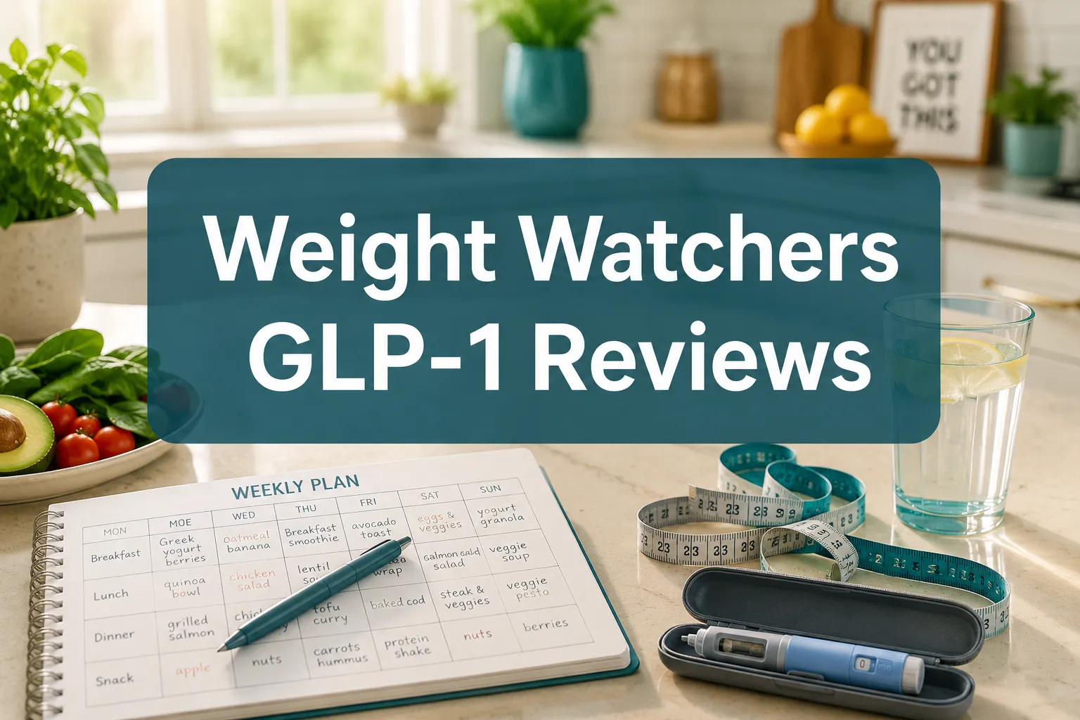 Professional () hero image with 'Weight Watchers GLP-1 Reviews' in crisp white on a deep teal semi-transparent panel,