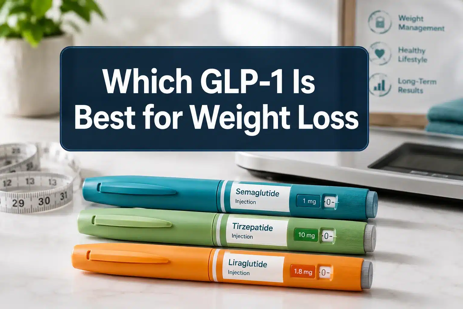 which glp 1 is best for weight loss 1 Professional () hero image with 'Which GLP-1 Is Best for Weight Loss' in crisp white on a deep navy semi-transparent panel,