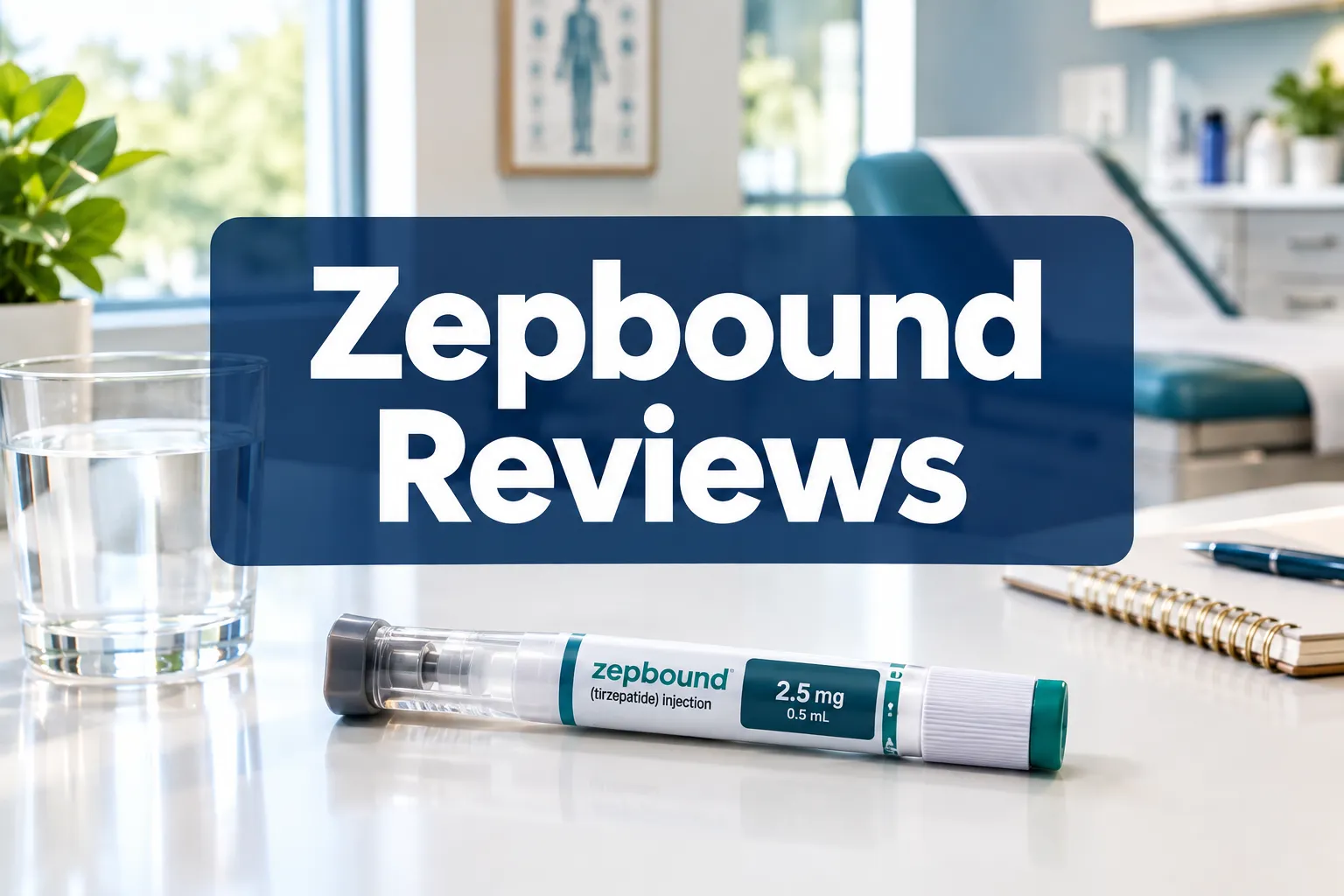 Professional () hero image with 'Zepbound Reviews' in crisp white on a deep navy semi-transparent panel, centered with 8%
