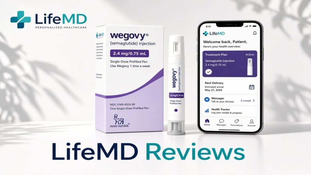 LifeMD reviews featured image showing official Wegovy pen, packaging box and LifeMD app on smartphone