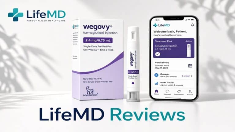 LifeMD reviews featured image showing official Wegovy pen, packaging box and LifeMD app on smartphone
