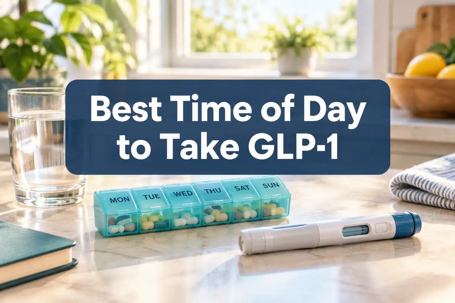 best time of day to take glp 1 1 Professional () hero image with 'Best Time of Day to Take GLP-1' in crisp white on a semi-transparent dark navy panel,