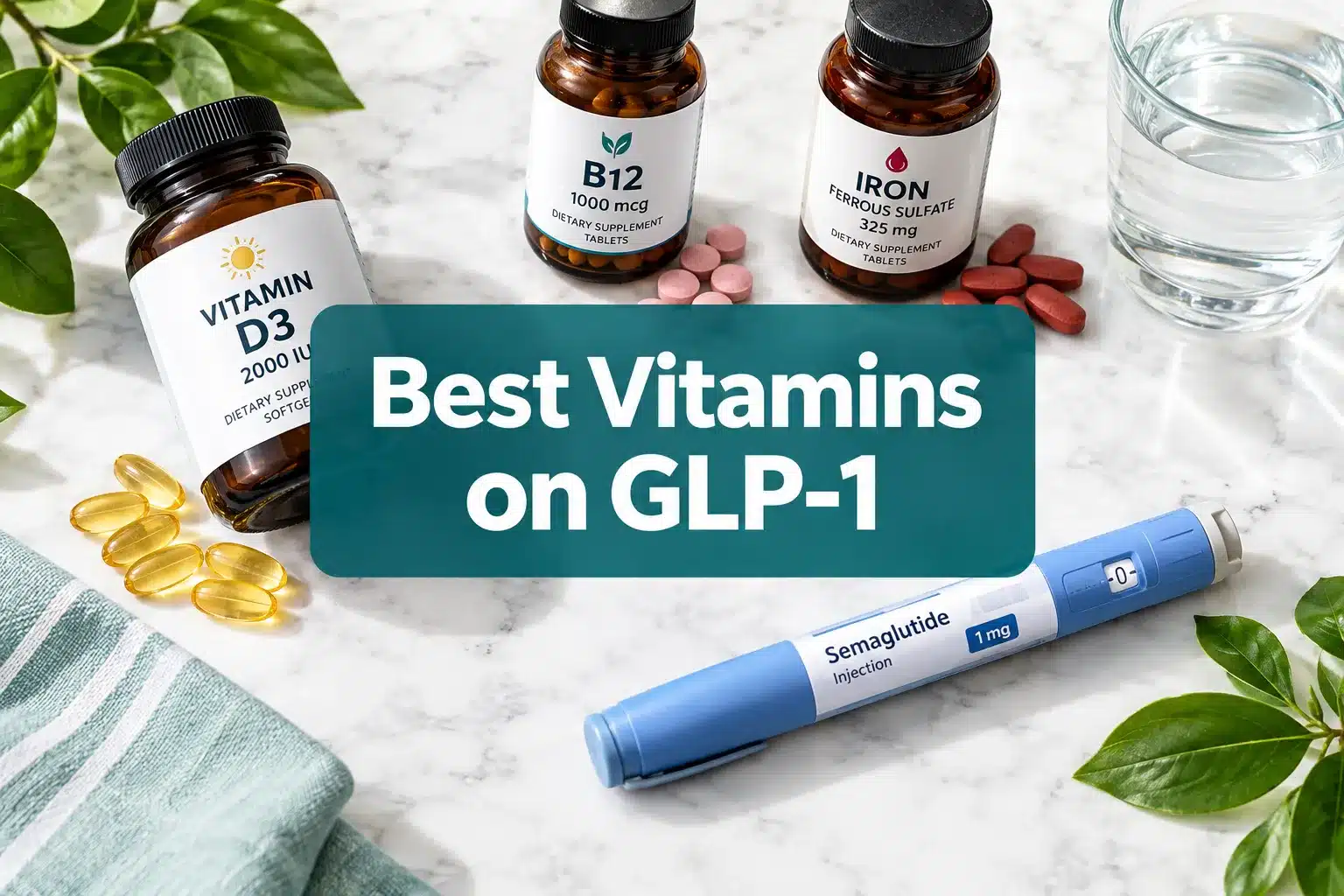 best vitamins to take while on glp 1 1 Professional () hero image with 'Best Vitamins on GLP-1' in crisp white on a deep teal semi-transparent panel, centered with