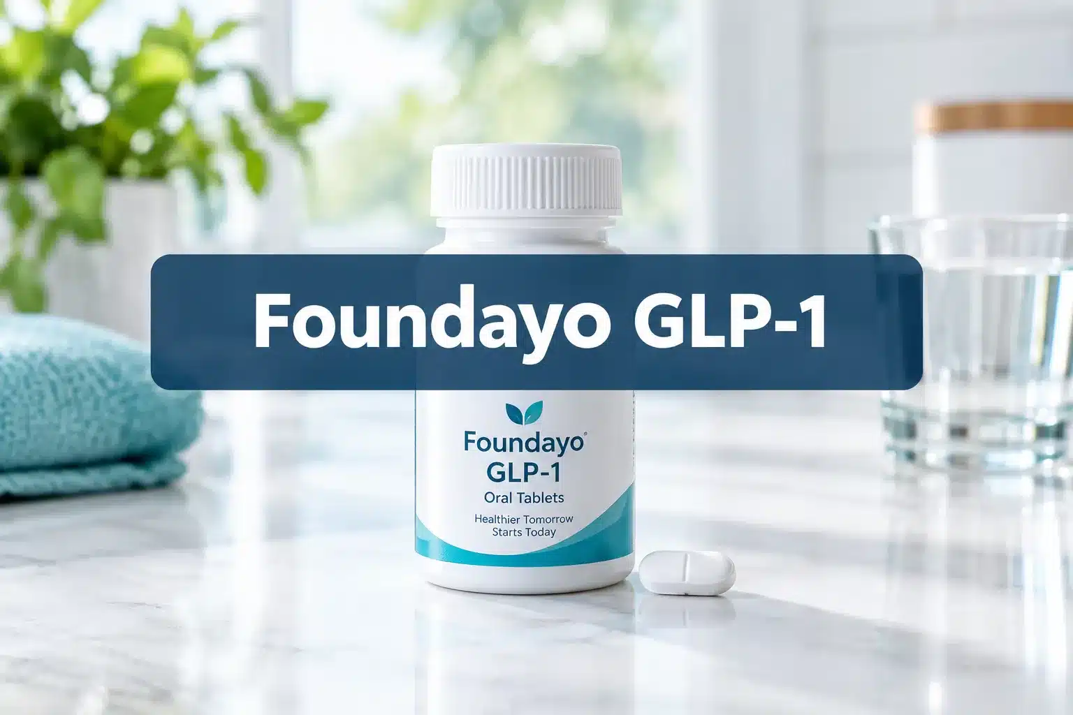 Professional () hero image with (≤42 chars): 'Foundayo GLP-1', white on a navy semi-transparent panel, centered with 8% safe