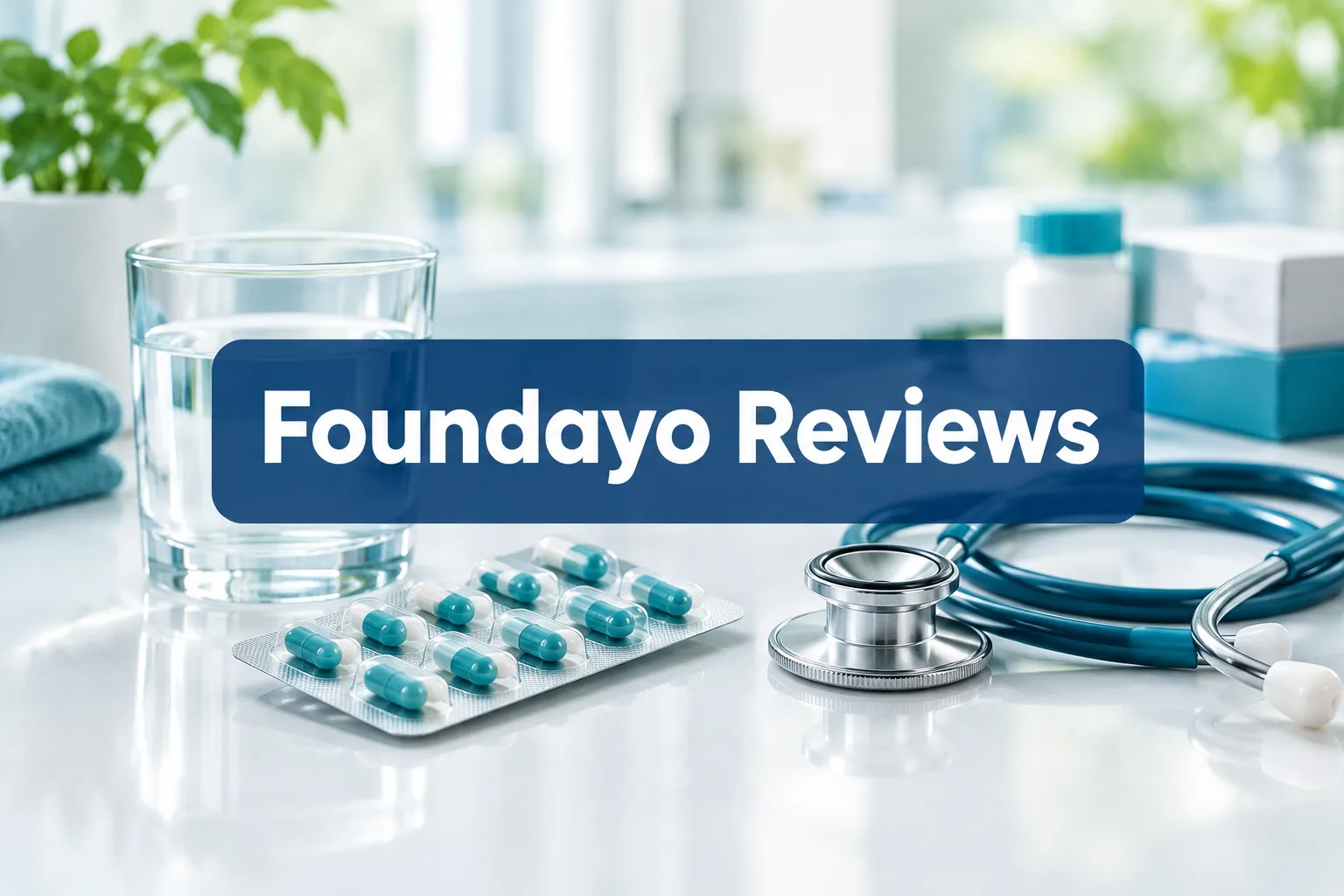 Professional () hero image with (≤42 chars): 'Foundayo Reviews', white on a navy semi-transparent panel, centered with 8%