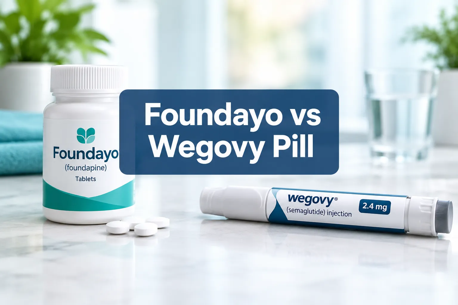 Professional () hero image with (≤42 chars): 'Foundayo vs Wegovy Pill', crisp white on a navy semi-transparent panel,