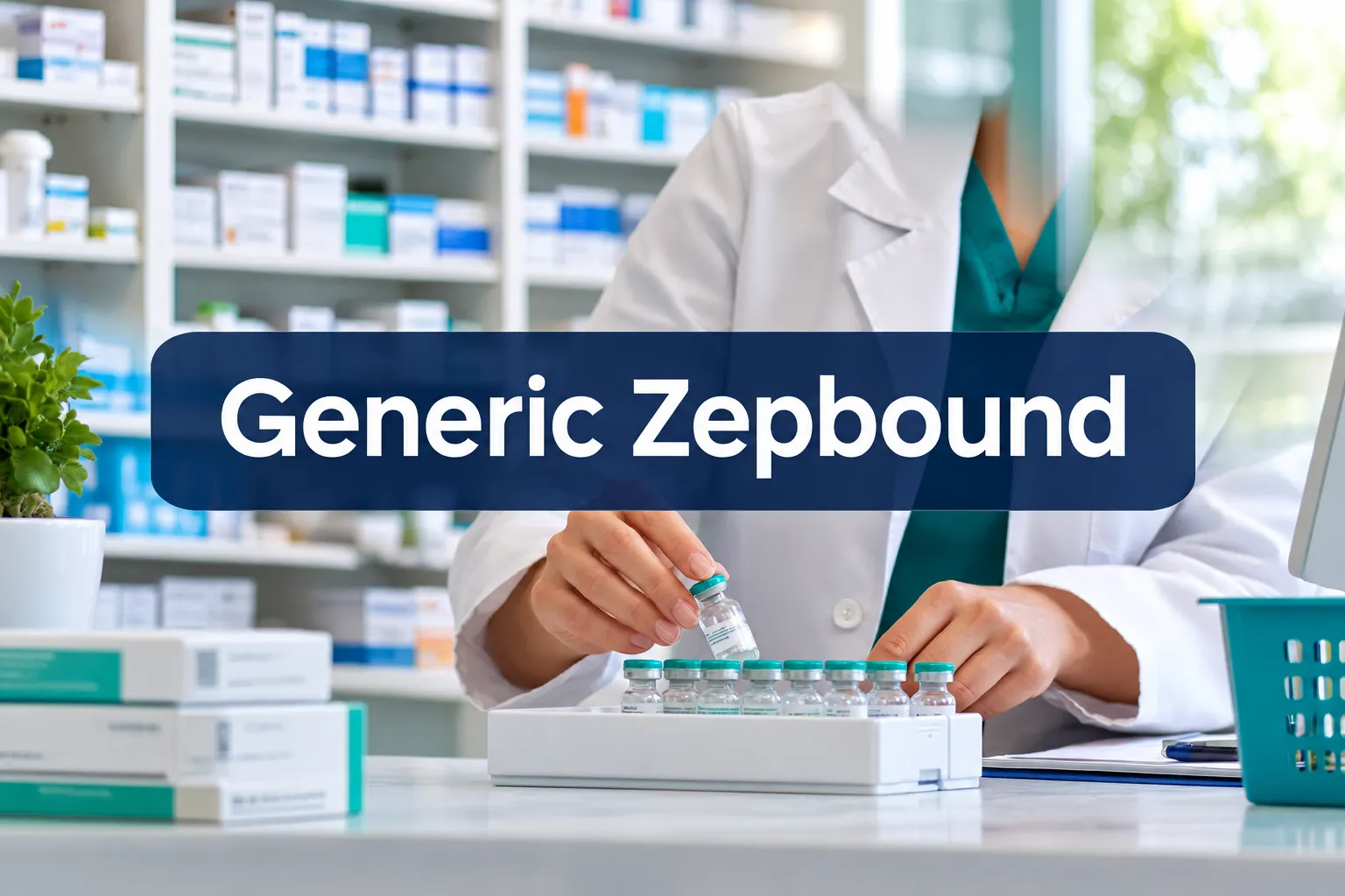 Professional () hero image with (≤42 chars): 'Generic Zepbound', centered with 8% safe margins. Background: bright daylight