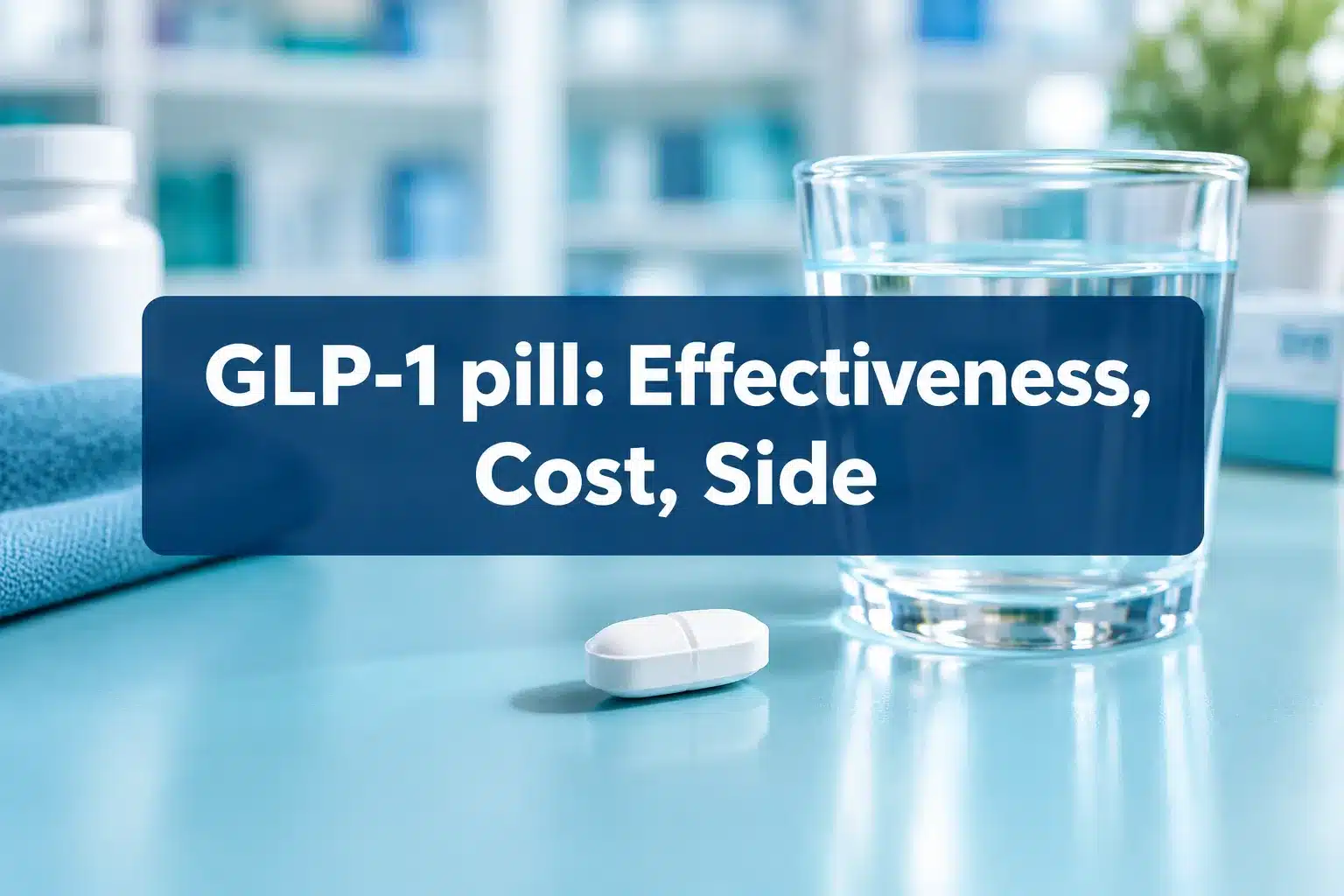 Professional () hero image with (≤42 chars): 'GLP-1 pill: Effectiveness, Cost, Side', white on a navy semi-transparent
