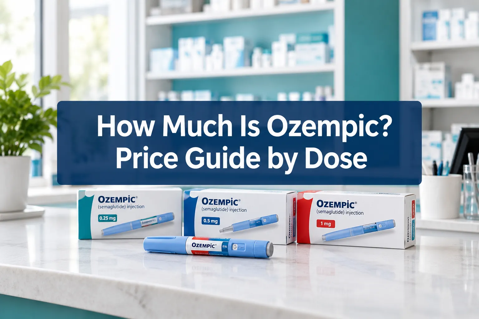 Professional () hero image with (≤42 chars): 'How Much Is Ozempic? Price Guide by Dose', white on a navy semi-transparent