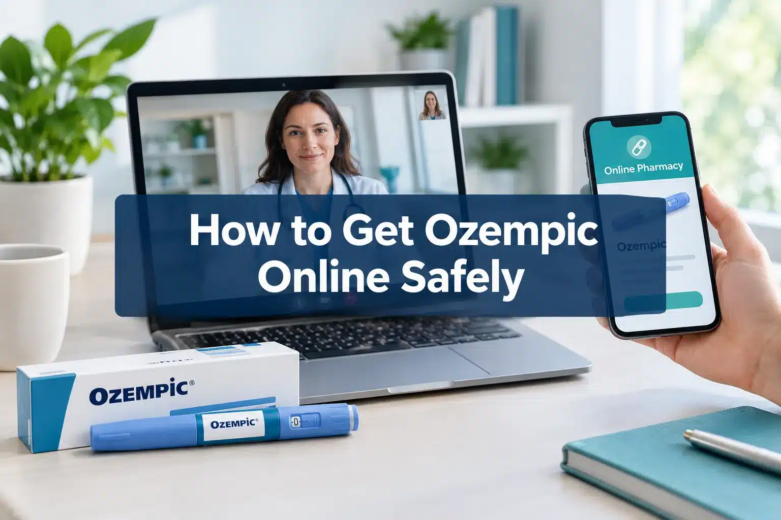 How to Get Ozempic Online Safely: Telehealth Options & Costs 1 Professional () hero image with (≤42 chars): 'How to Get Ozempic Online Safely', white on a navy semi-transparent panel,