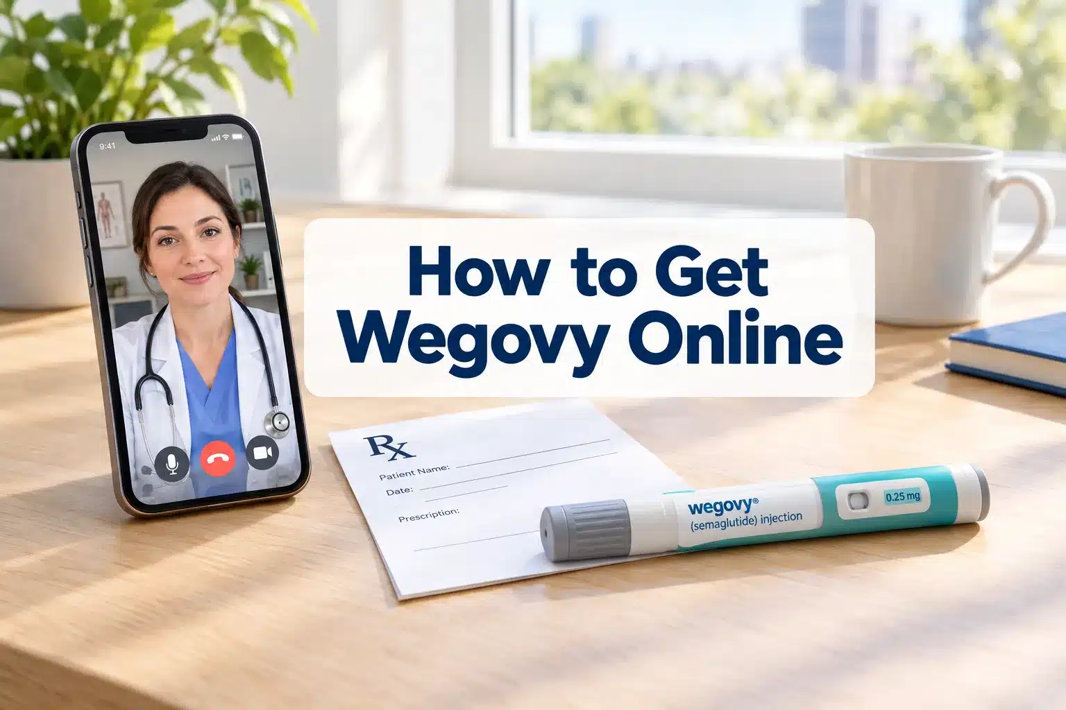 How to Get Wegovy Online: Prescription, Telehealth & Cost 1 Professional () hero image with (≤42 chars): 'How to Get Wegovy Online', navy on a light panel, centered with 8% safe