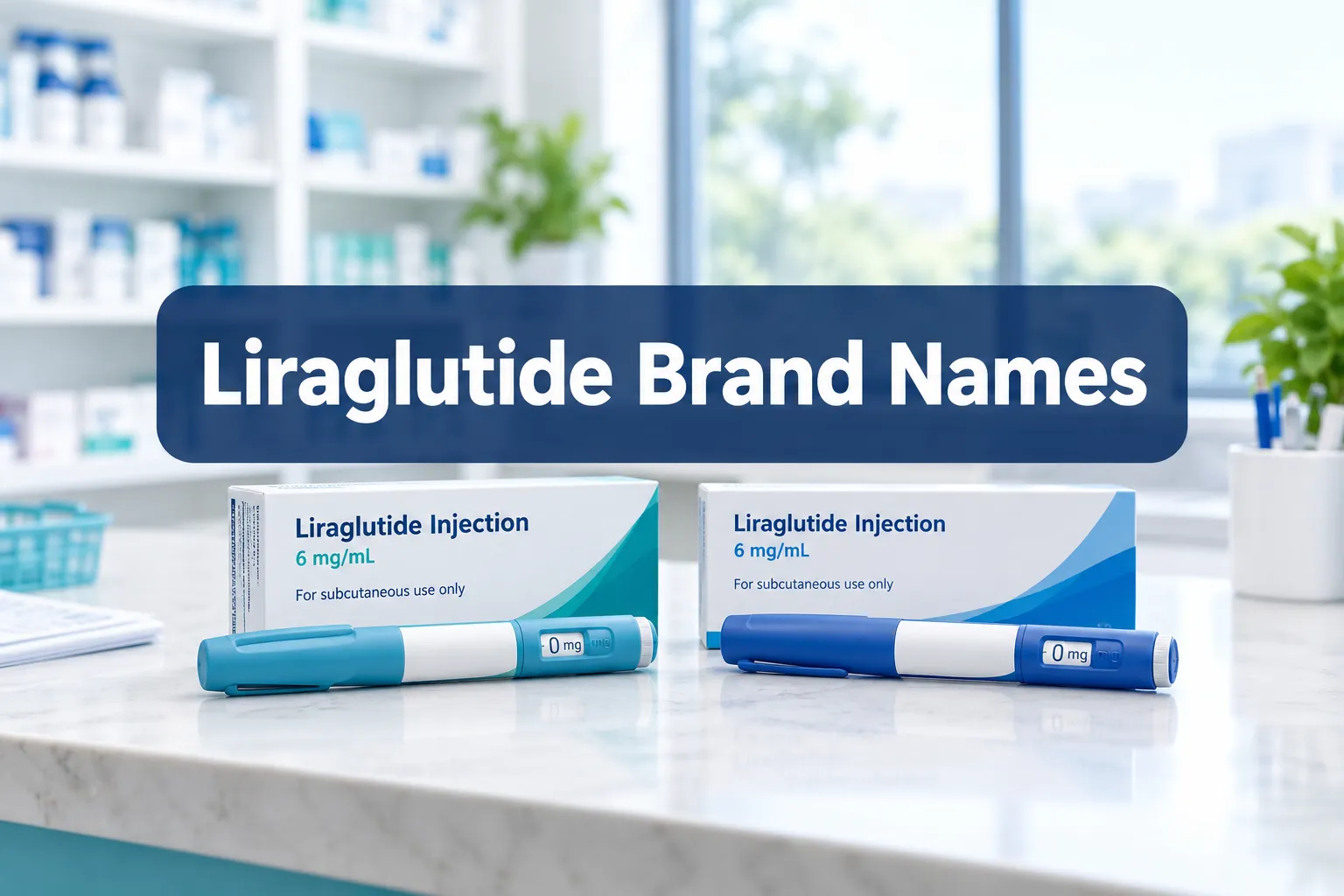 Professional () hero image with (≤42 chars): 'Liraglutide Brand Names', white on a navy semi-transparent panel, centered