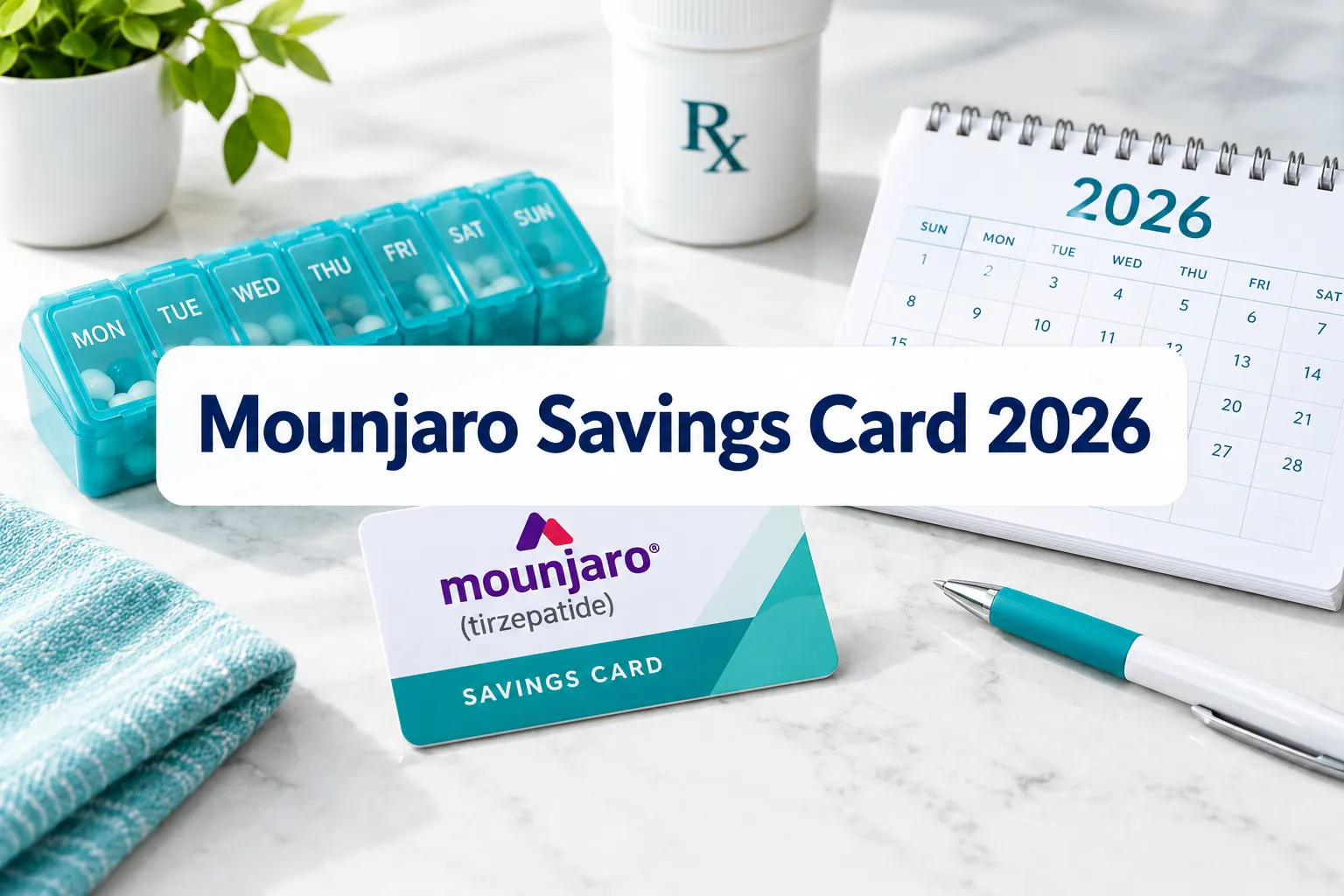Professional () hero image with (≤42 chars): 'Mounjaro Savings Card 2026', navy on a soft white panel, centered with 8% safe