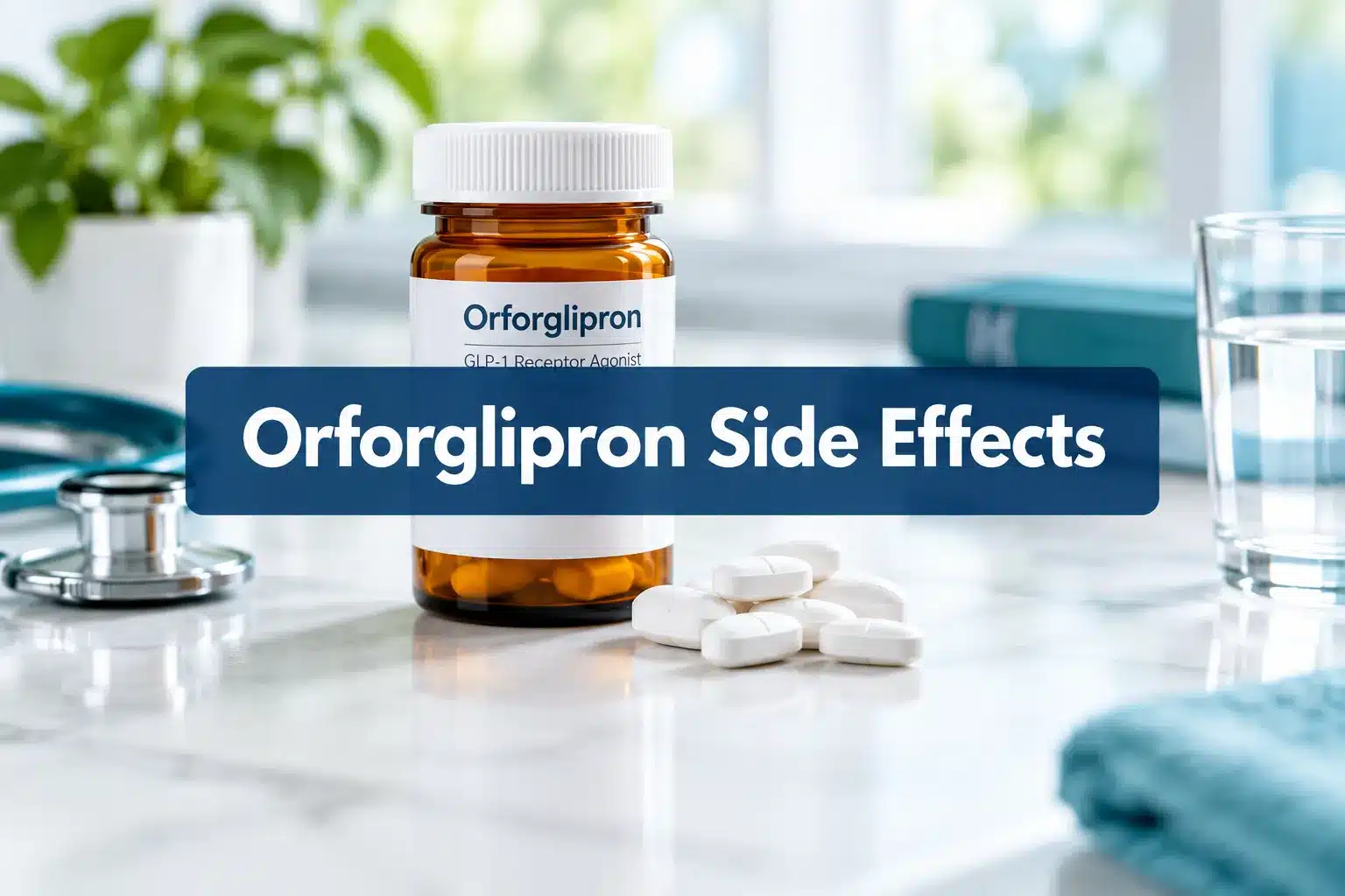 orforglipron side effects 1 Professional () hero image with (≤42 chars): 'Orforglipron Side Effects', white on a navy semi-transparent panel, centered