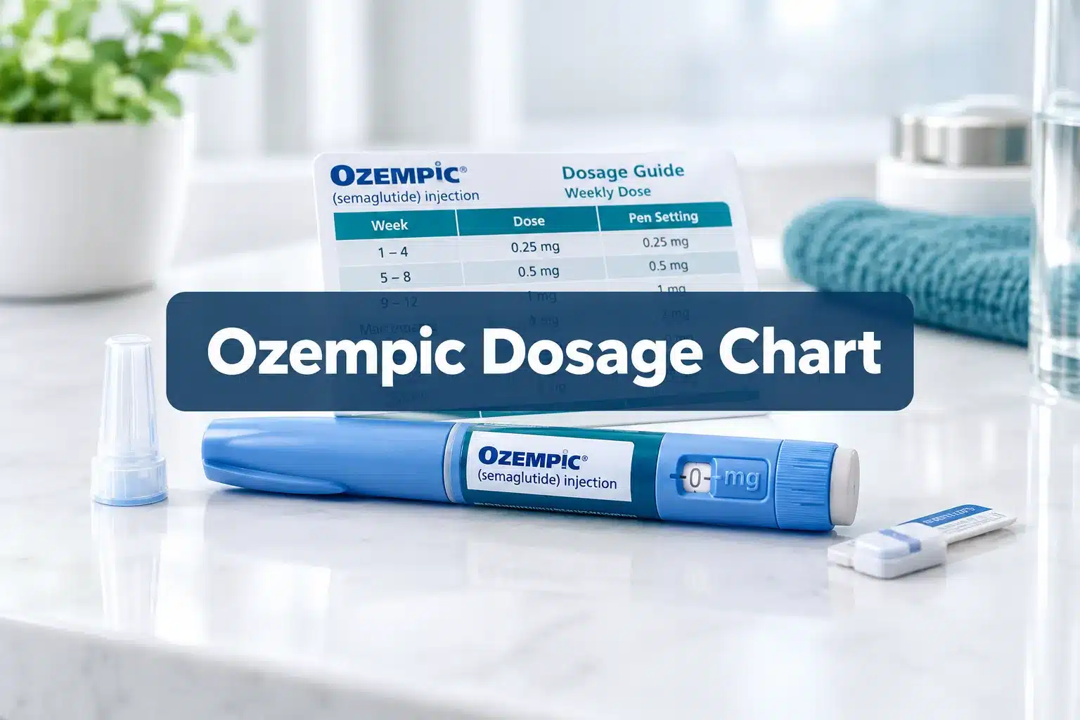 Ozempic Dosage Chart: Every Dose, Clicks & Titration Schedule 1 Professional () hero image with (≤42 chars): 'Ozempic Dosage Chart', white on a navy semi-transparent panel, centered with