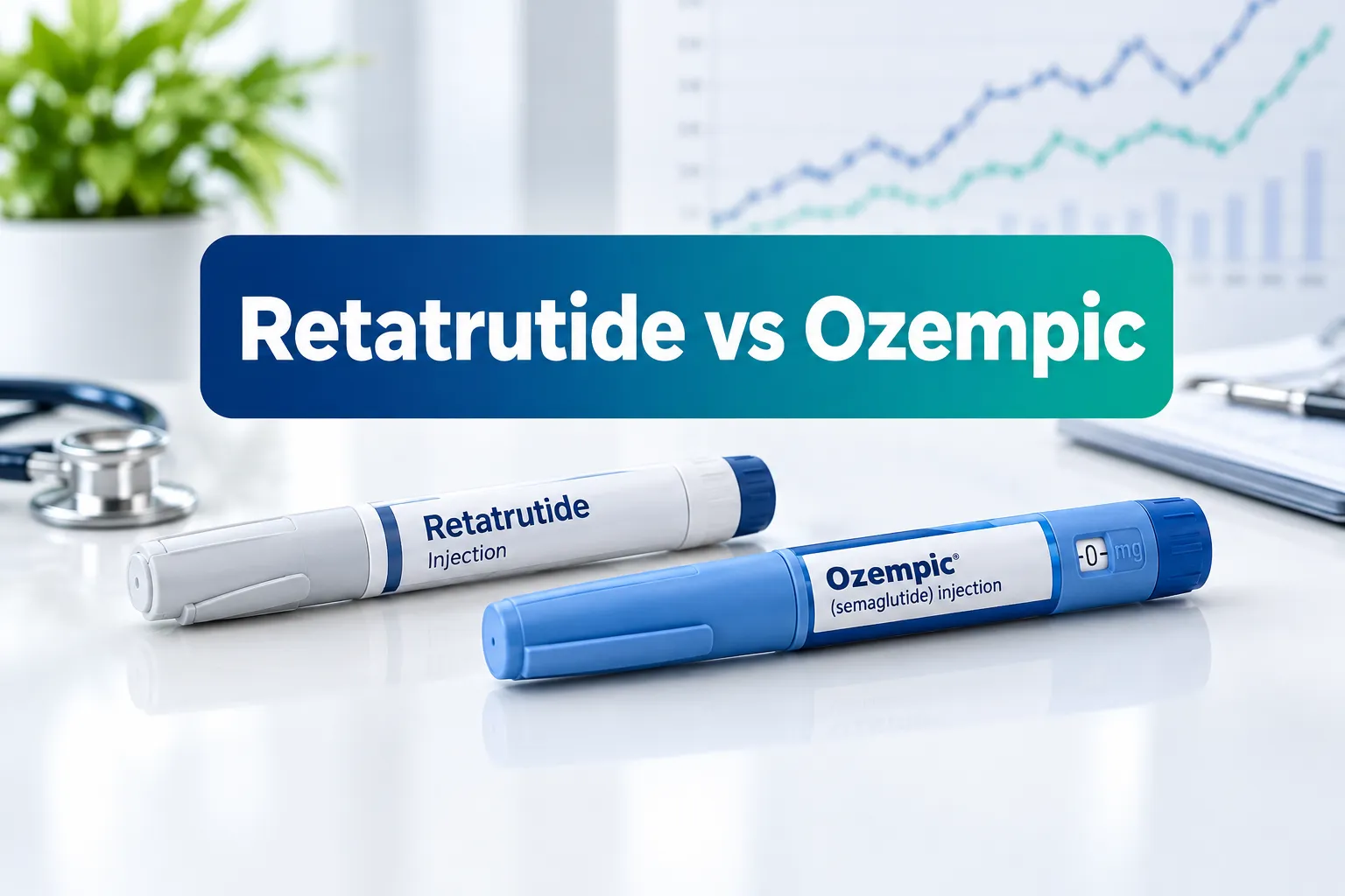 Professional () hero image with (≤42 chars): 'Retatrutide vs Ozempic', white on a navy-to-teal panel, centered with 8% safe