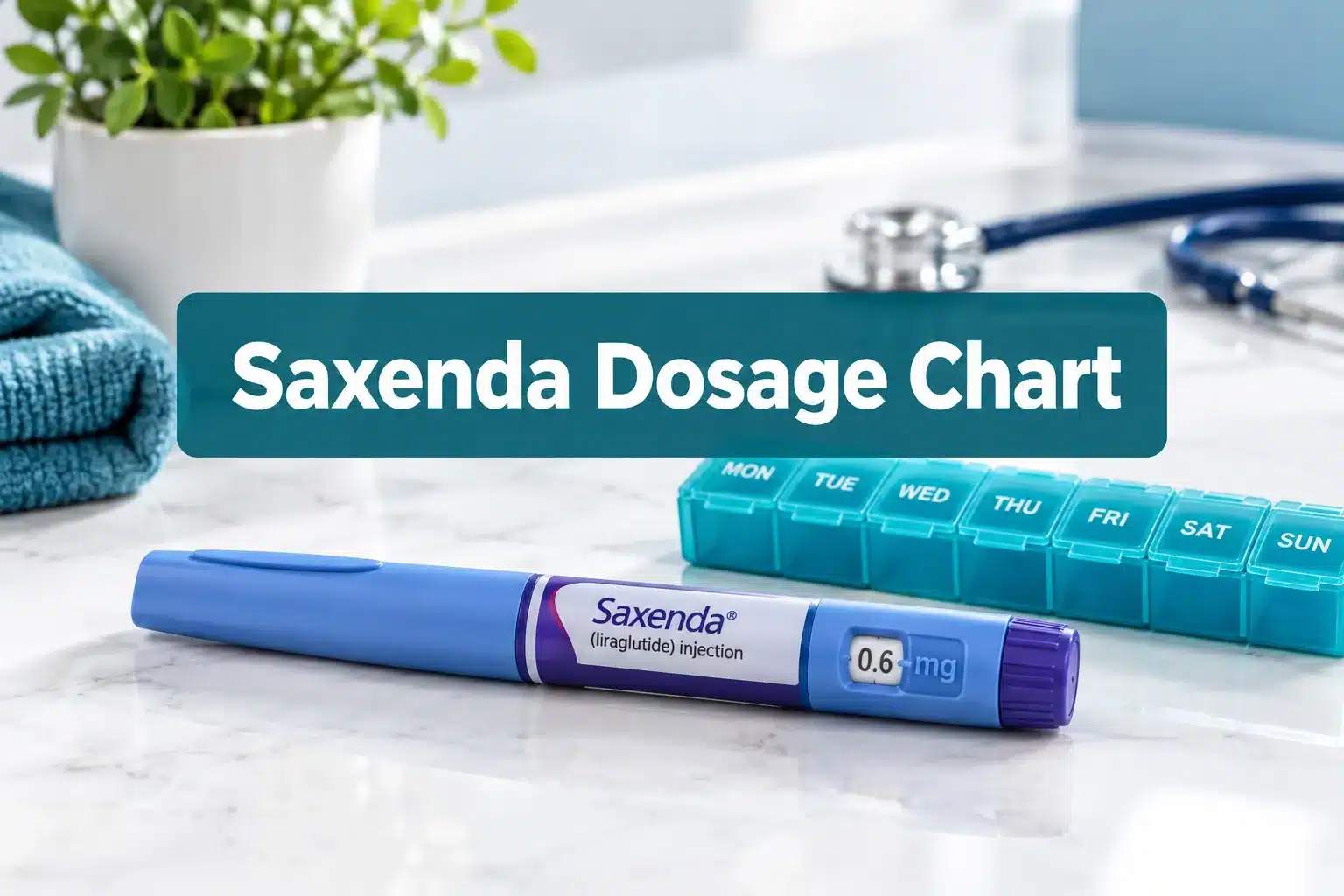Professional () hero image with (≤42 chars): 'Saxenda Dosage Chart', white on a dark teal semi-transparent panel, centered