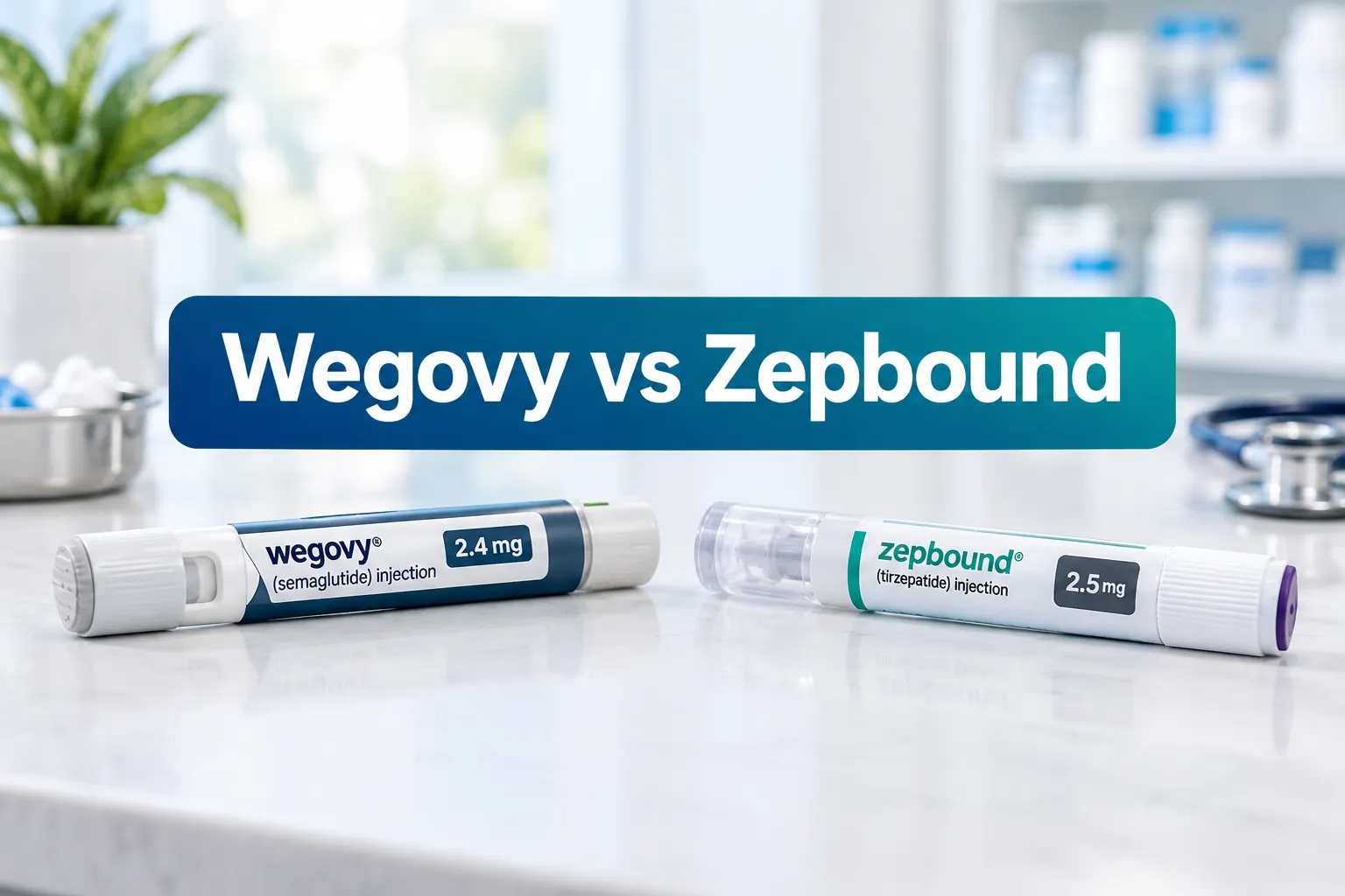 Wegovy vs Zepbound: Weight Loss, Side Effects & Cost Compared 1 Professional () hero image with (≤42 chars): 'Wegovy vs Zepbound', centered with 8% safe margins from every edge.