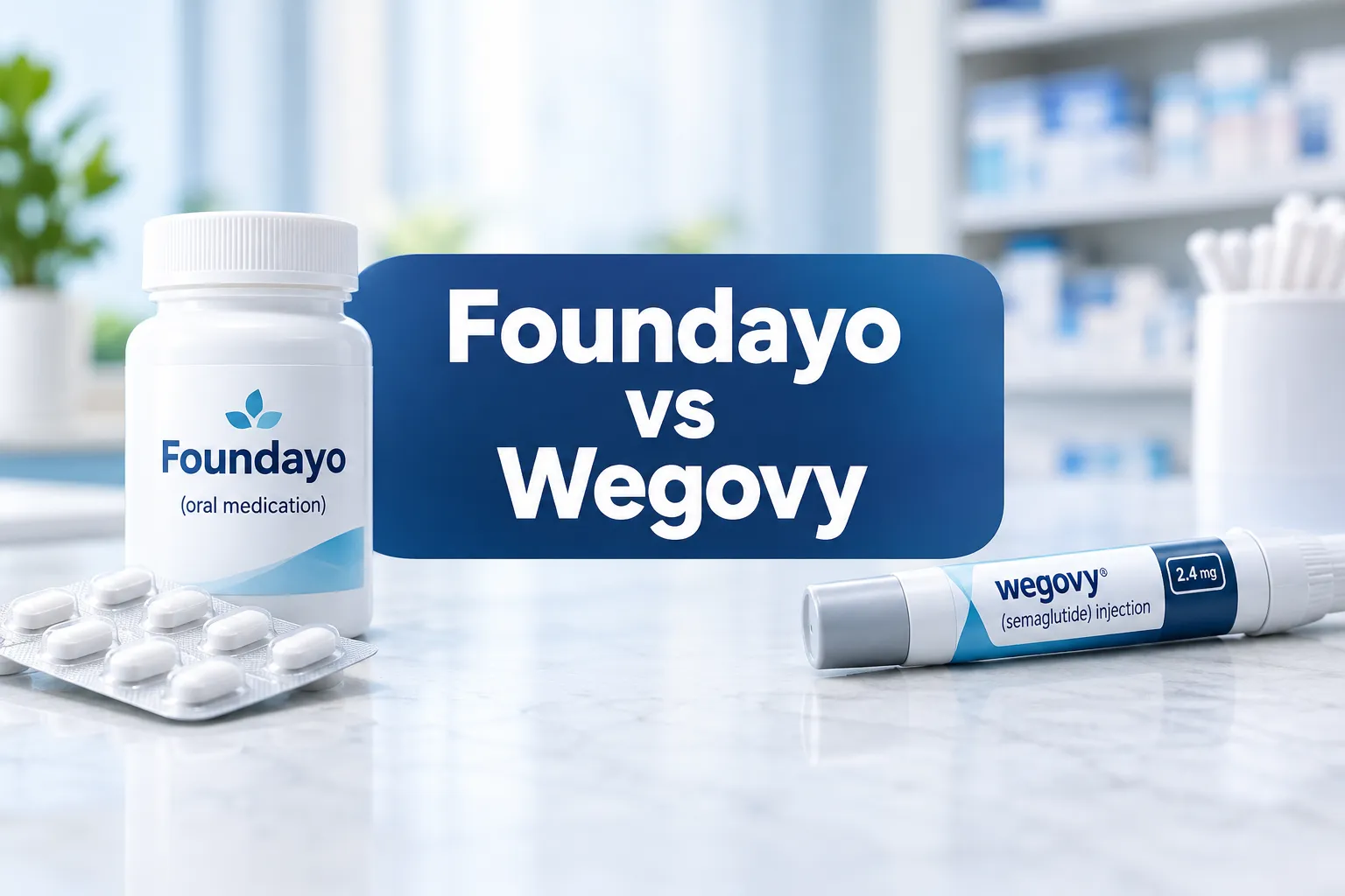 foundayo vs wegovy 1 Professional () hero image with 'Foundayo vs Wegovy', centered, 8% safe margins. Background: bright clean editorial photo