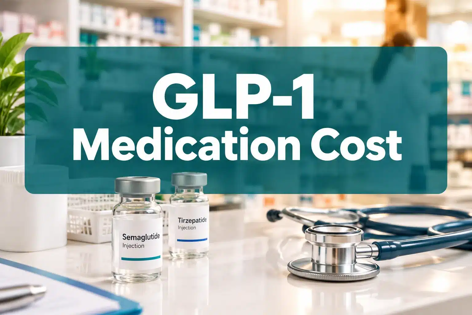 glp 1 medication cost 1 Professional () hero image with 'GLP-1 Medication Cost' in crisp white on a deep teal semi-transparent panel, centered with