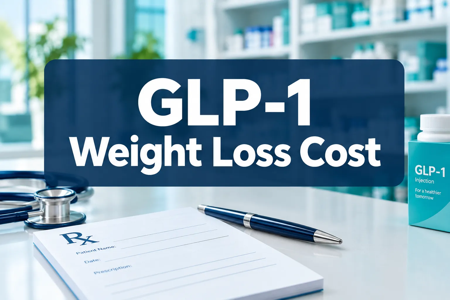 Professional () hero image with 'GLP-1 Weight Loss Cost' in crisp white on a deep navy semi-transparent panel, centered with