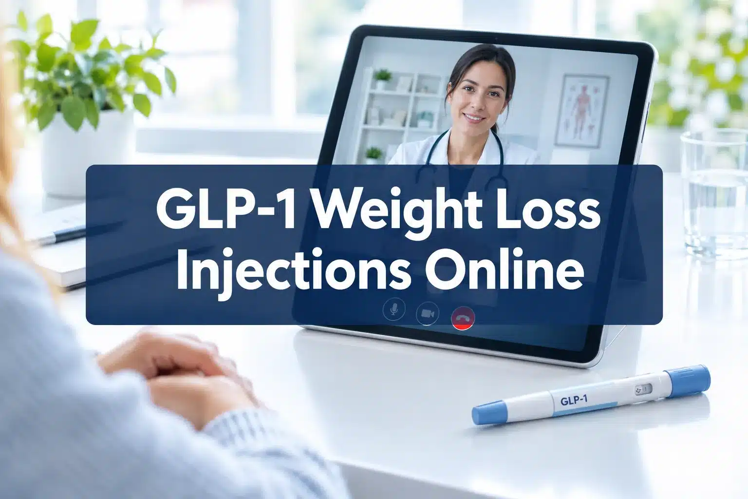 Professional () hero image with 'GLP-1 Weight Loss Injections Online' in crisp white on a deep navy semi-transparent panel,