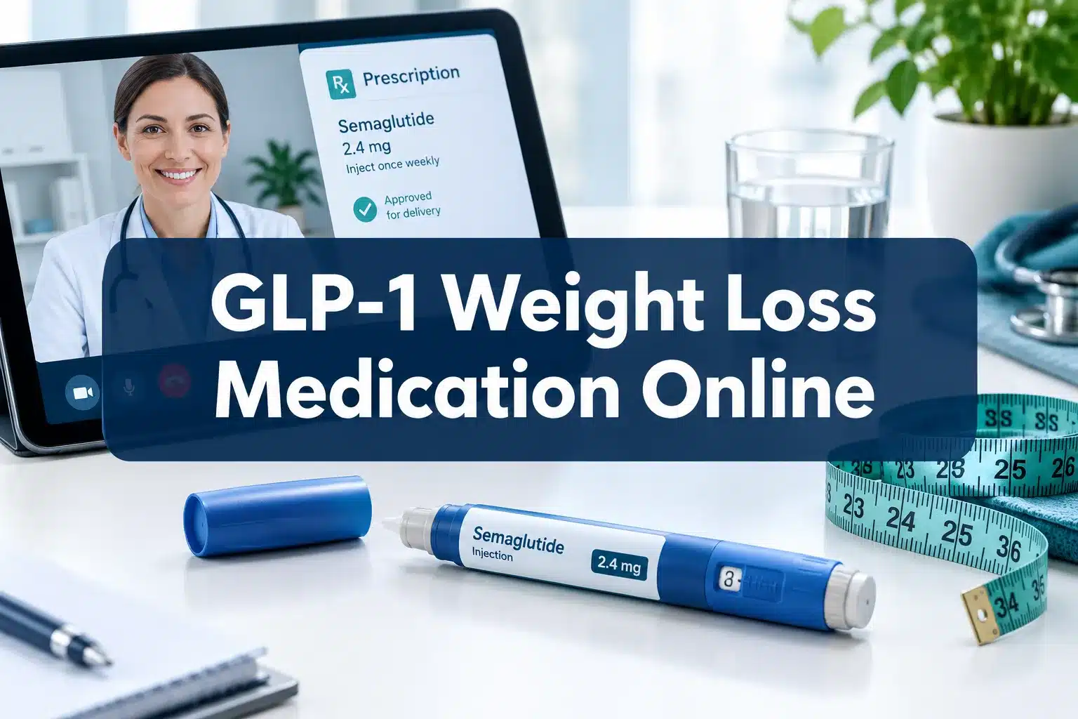 Professional () hero image with 'GLP-1 Weight Loss Medication Online' in crisp white on a deep navy semi-transparent panel,
