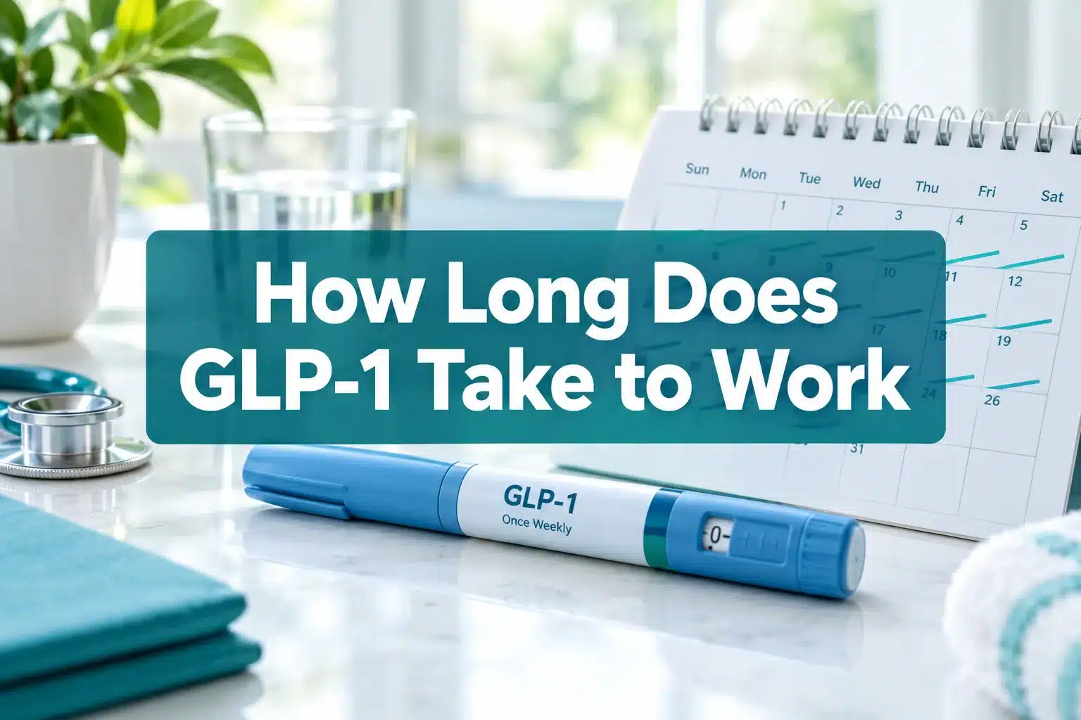 how long does glp 1 take to work 1 Professional () hero image with 'How Long Does GLP-1 Take to Work' in crisp white on a deep teal semi-transparent panel,