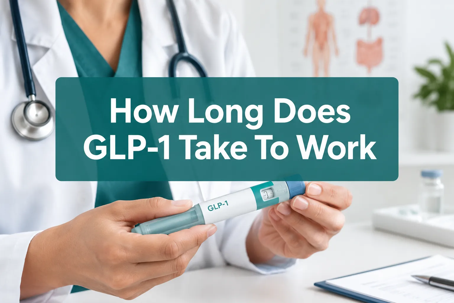 how long does it take for glp 1 to work 1 Professional () hero image with 'How Long Does GLP-1 Take To Work' in crisp white on a deep teal semi-transparent panel,