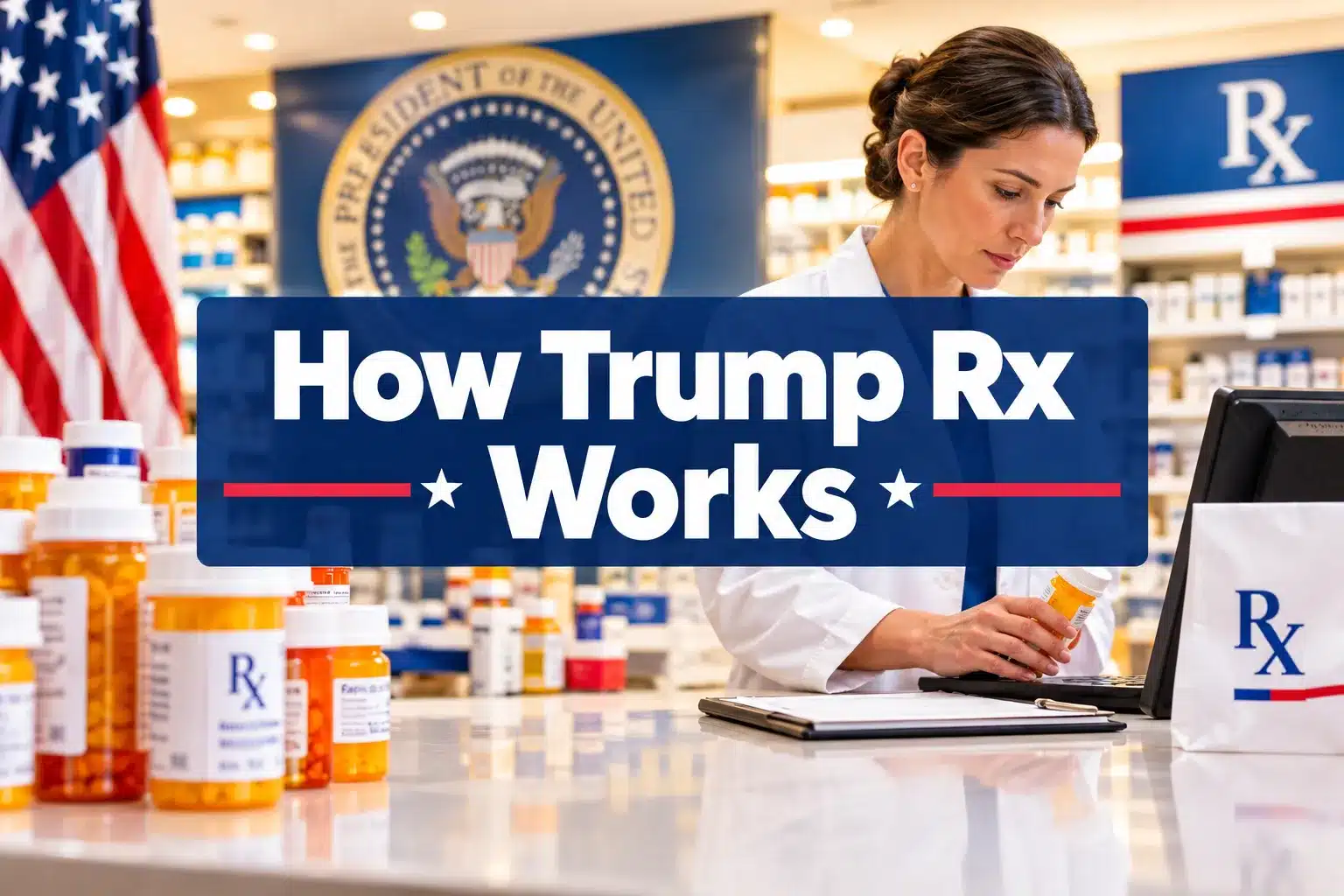 Professional () hero image with 'How Trump Rx Works' in crisp white centered on a deep navy semi-transparent panel, 8% safe