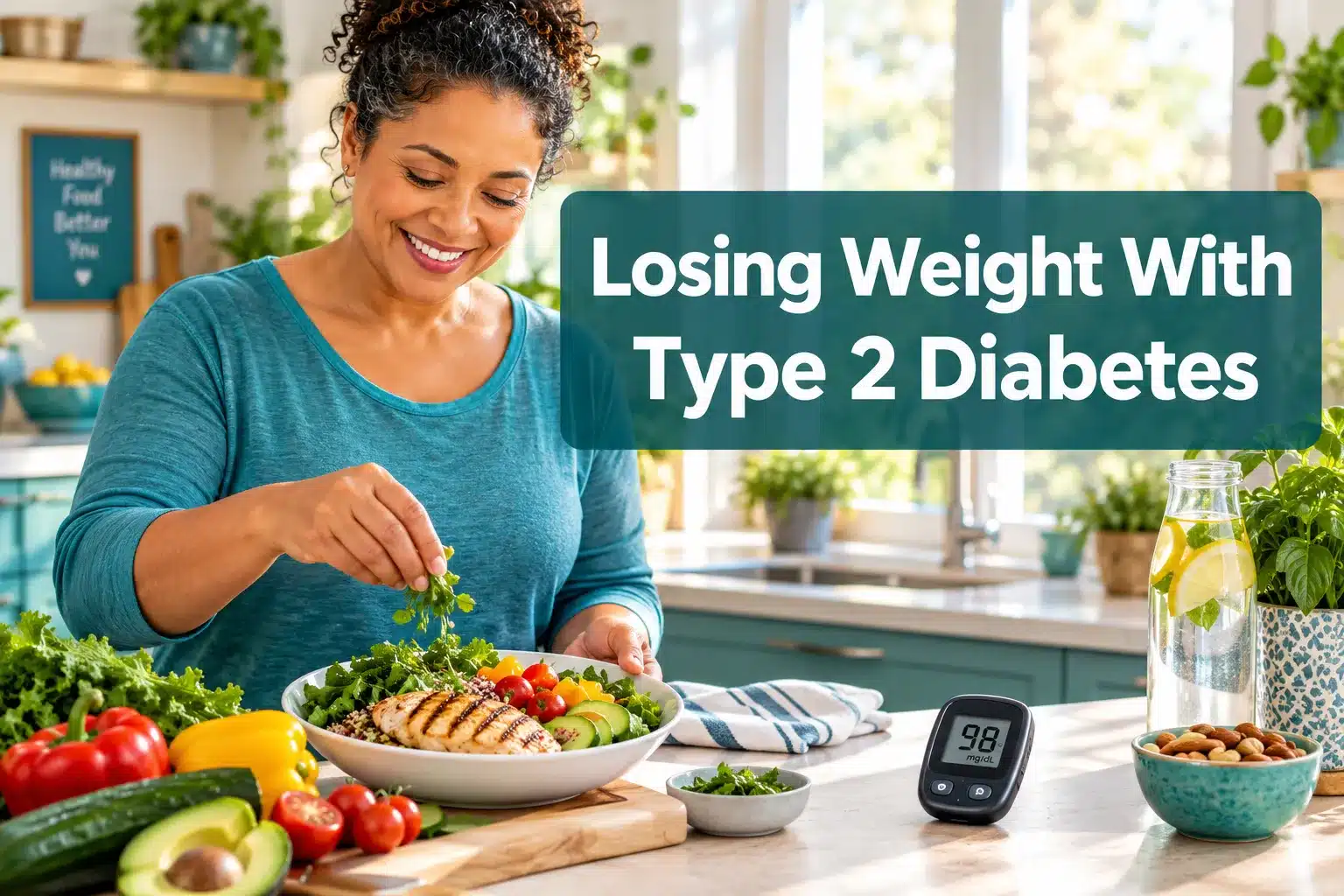 Losing weight with type 2 diabetes 1 Professional () hero image with 'Losing Weight With Type 2 Diabetes' in crisp white modern on a semi-transparent dark teal