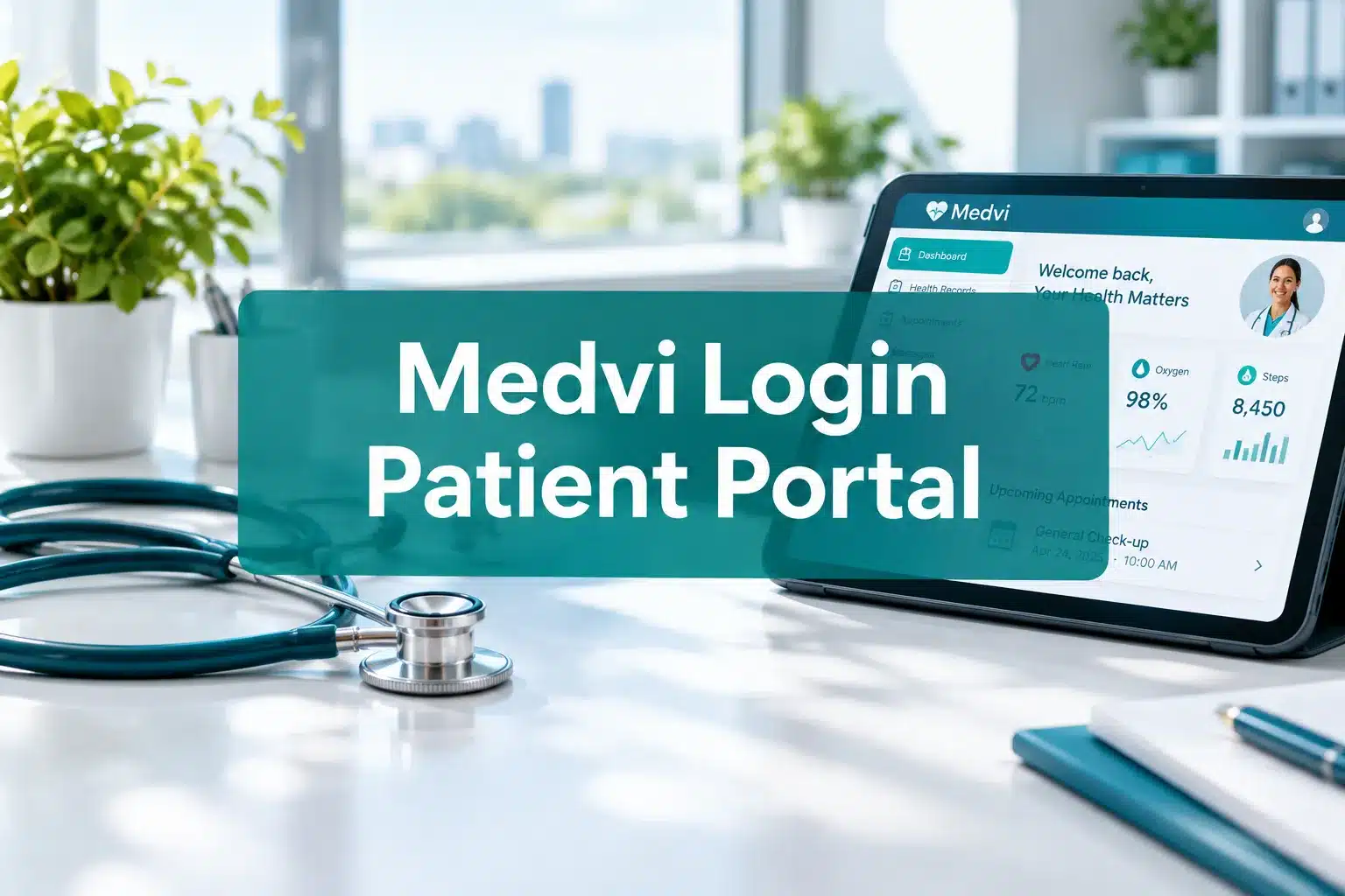Professional () hero image with 'Medvi Login Patient Portal' in crisp white on a deep teal semi-transparent panel, centered