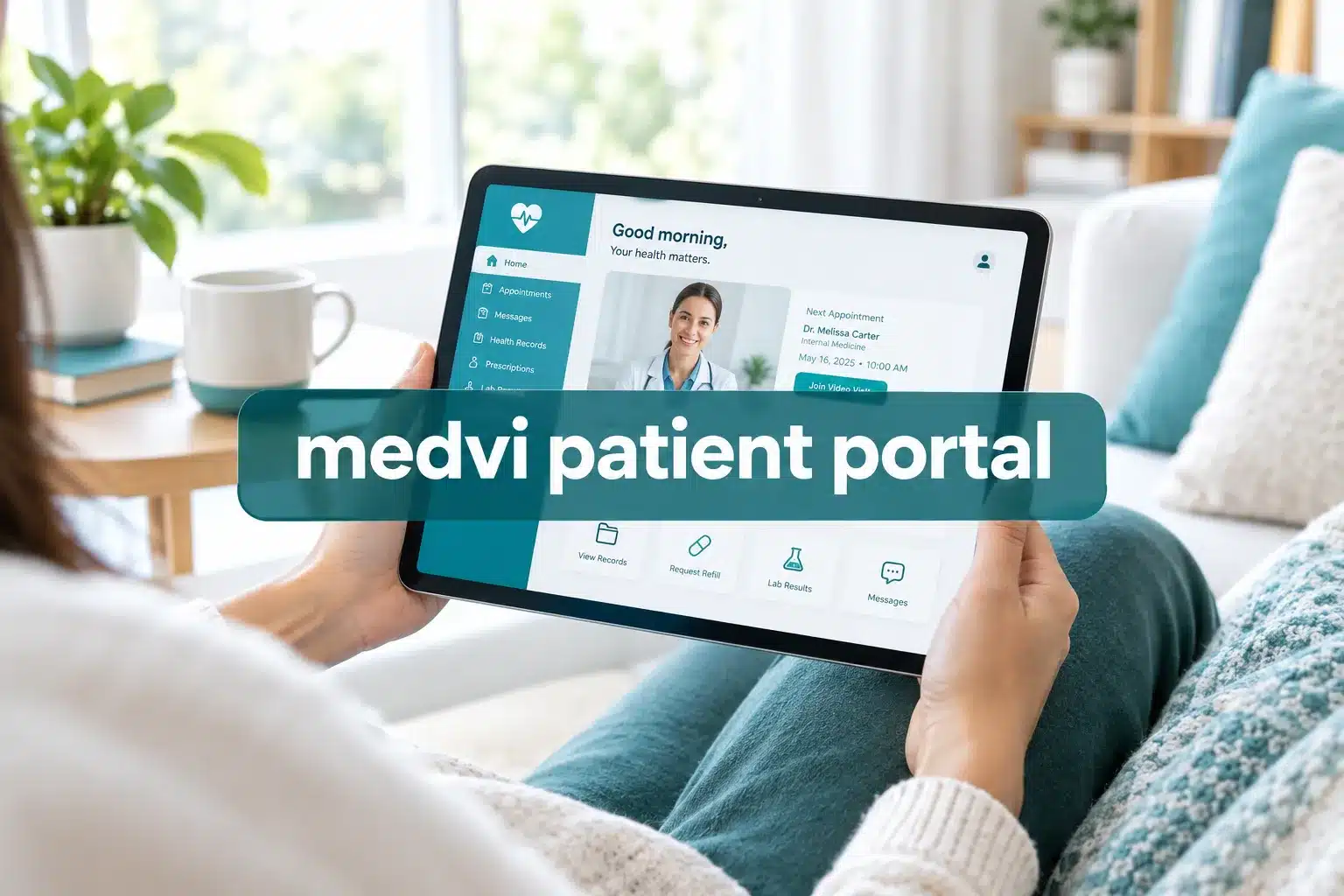 Professional () hero image with 'medvi patient portal' in crisp white centered on a deep teal semi-transparent panel, 8%