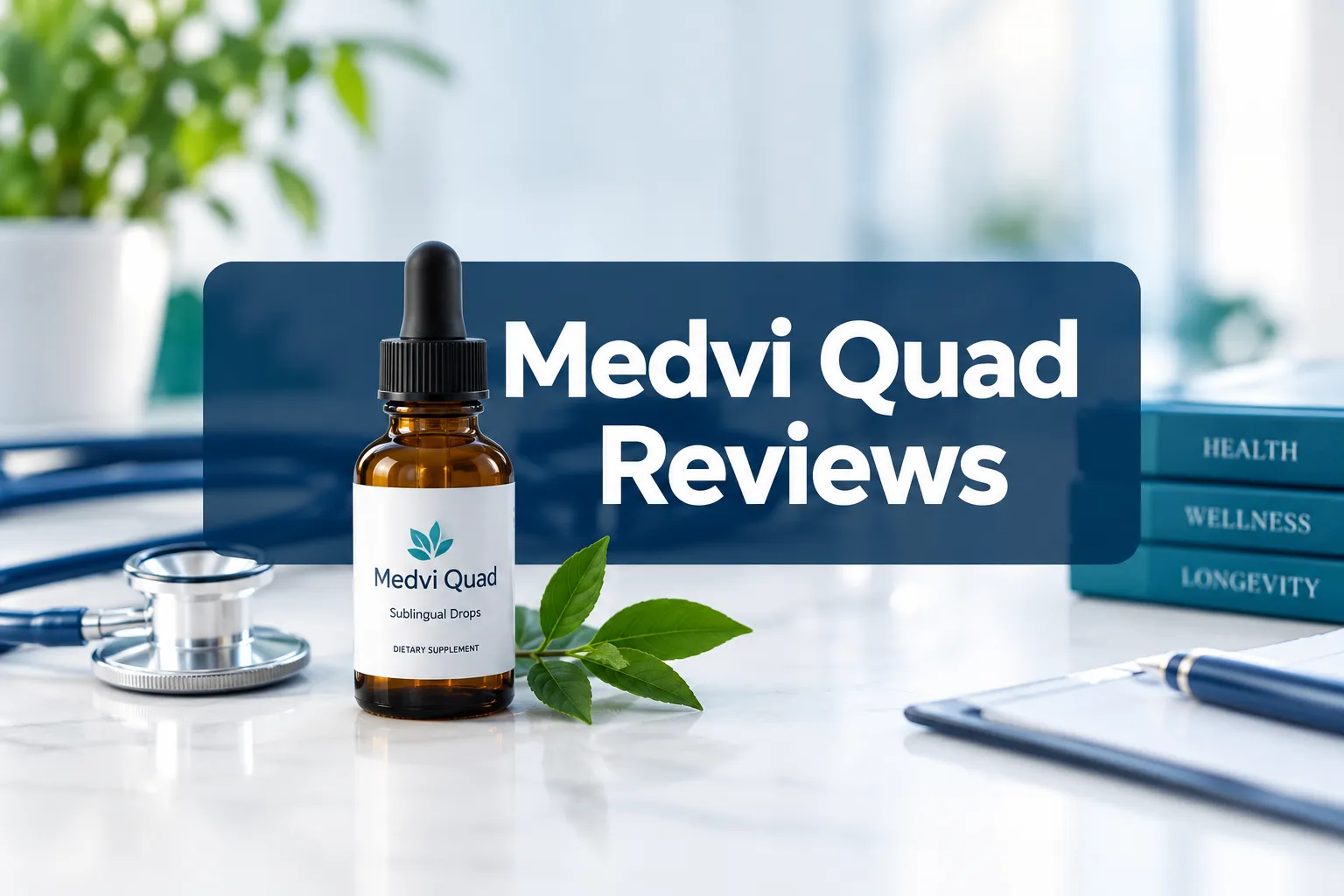 Professional () hero image with 'Medvi Quad Reviews' in crisp white on a deep navy semi-transparent panel, centered with 8%