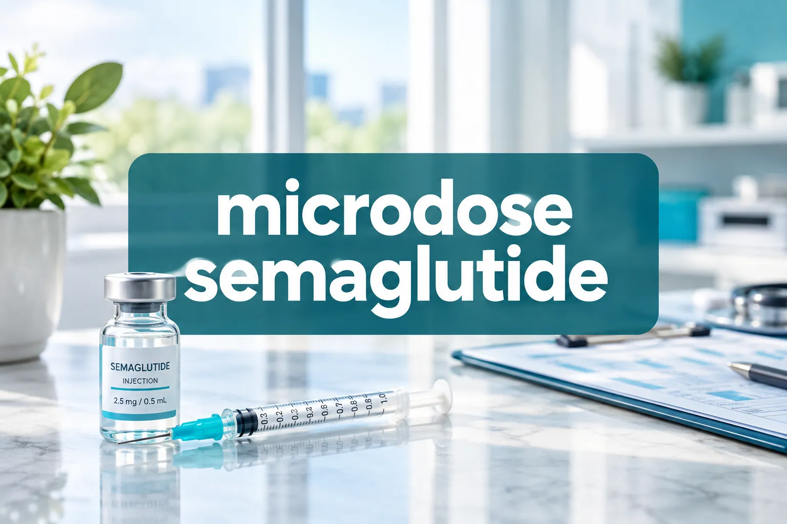 microdose semaglutide 1 Professional () hero image with 'microdose semaglutide' in crisp white on a semi-transparent deep teal panel, centered with