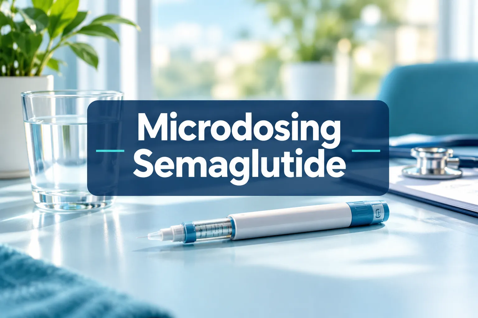microdosing semaglutide 1 Professional () hero image with 'Microdosing Semaglutide' in crisp white on a semi-transparent dark navy panel, centered